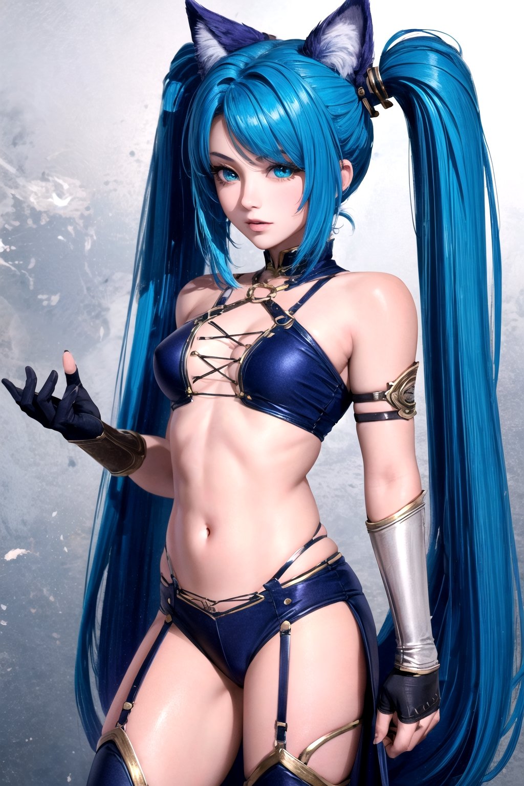 //Quality, masterpiece, best quality, detailmaster2, 8k, 8k UHD, ultra-high resolution, ultra-high definition, highres, 
//Character, 1girl, solo,MeracleChamlotte_SO4 cat_girl,blue_hair twintails green_eyes,
//Fashion, ,navel gloves thighhighs,
//Background, white background, 
//Others, 