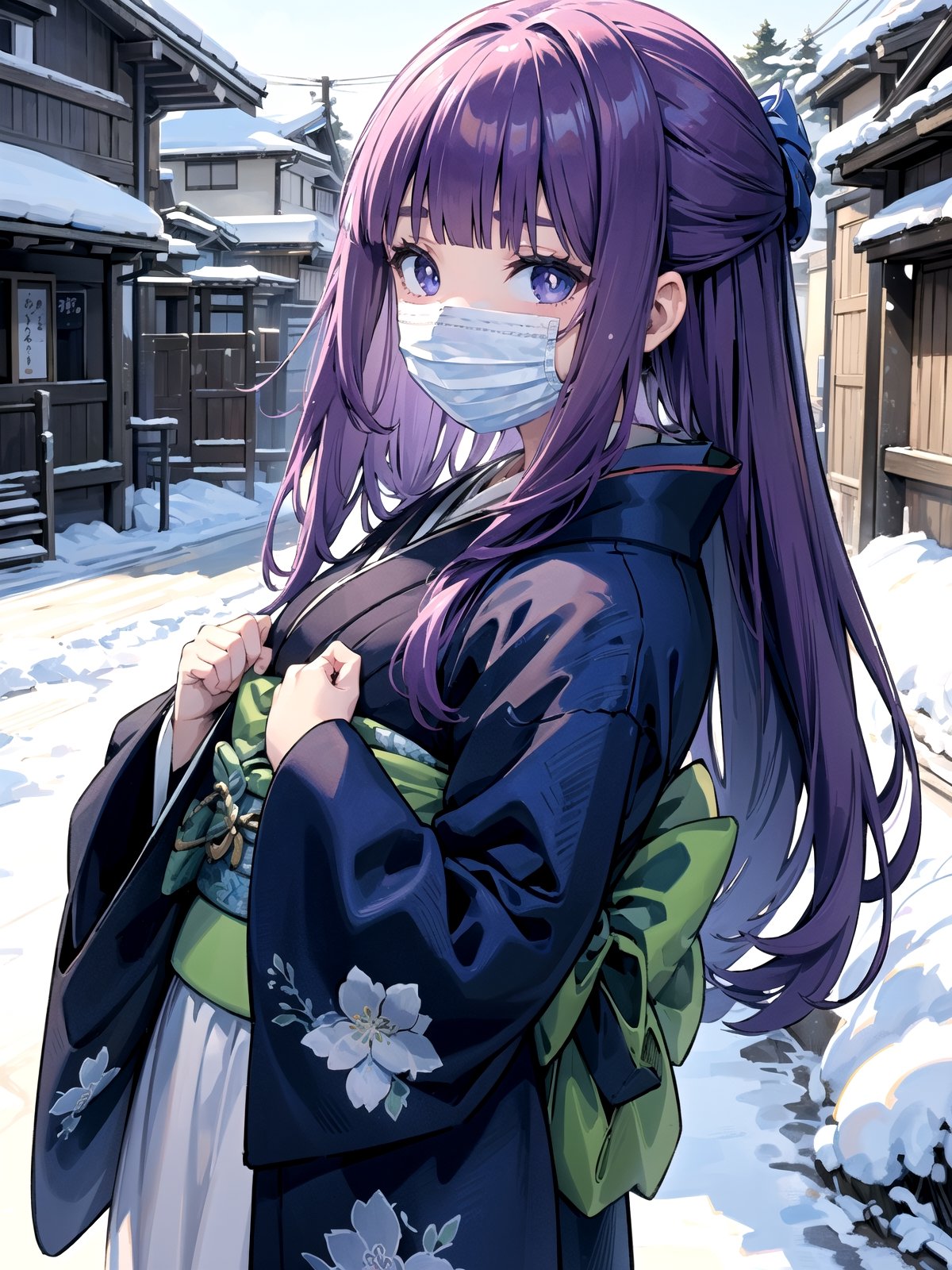 //Quality,
(masterpiece), (best quality), 8k illustration,
,//Character,
1girl, solo, 
,//Fashion,
details (dark blue silk brocade kimono)
,//Background,
Kyoto, outdoors, winter, snow
,//Others,
chin mask,goodbye,aafern, long hair