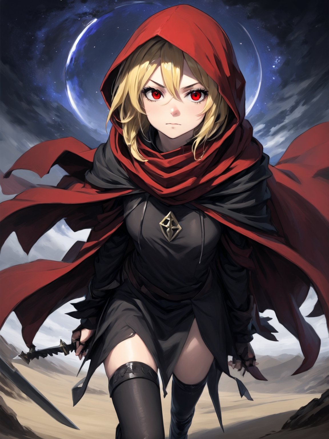//Quality,
masterpiece, best quality, detailed
,//Character,
,Evileye \(overlord\), 1girl, solo, blonde hair, red eyes, hair between eyes, small breasts
,//Fashion,
hood, black dress, torn clothes, covered navel, red cloak, hooded cloak, black thighhighs, torn thighhighs, boots, black footwear
,//Background,
dune hill of Swords, starry_sky
,//Others,
hood up