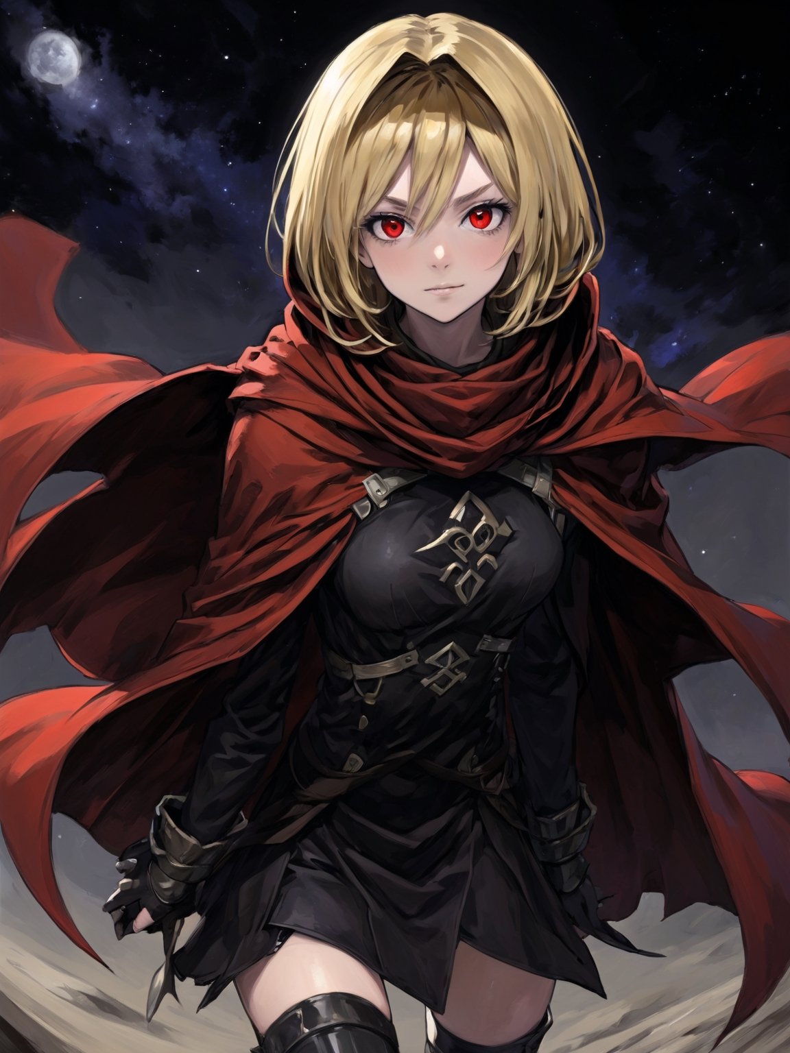 //Quality,
masterpiece, best quality, detailed
,//Character,
,Evileye \(overlord\), 1girl, solo, blonde hair, red eyes, hair between eyes, small breasts
,//Fashion,
hood, black dress, torn clothes, covered navel, red cloak, hooded cloak, black thighhighs, torn thighhighs, boots, black footwear
,//Background,
dune hill of Swords, starry_sky
,//Others,
hood up