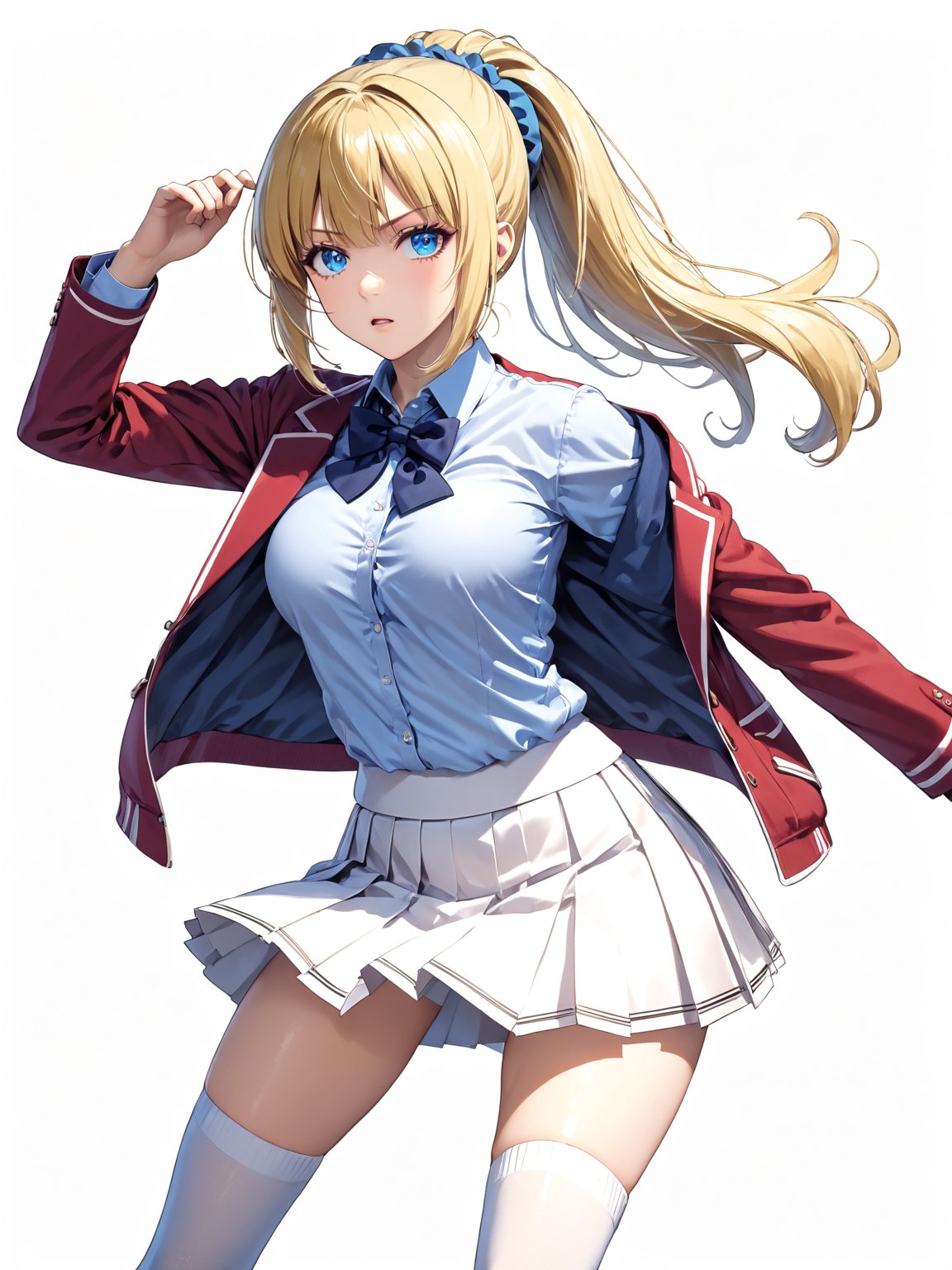 score_9,score_8_up,score_7_up,score_6_up, masterpiece, best quality, 8k, 8k UHD, ultra-high resolution, ultra-high definition, highres
,//Character, 
1girl, solo,KaruizawaKei, blue eyes, blonde hair, ponytail, bangs, breasts, hair ornament
,//Fashion, 
school uniform, red jacket, open jacket, hair scrunchie, bowtie, white skirt, pleated skirt, kneehighs
,//Background, white_background
,//Others, ,Expressiveh,
fighting stance, dynamic pose