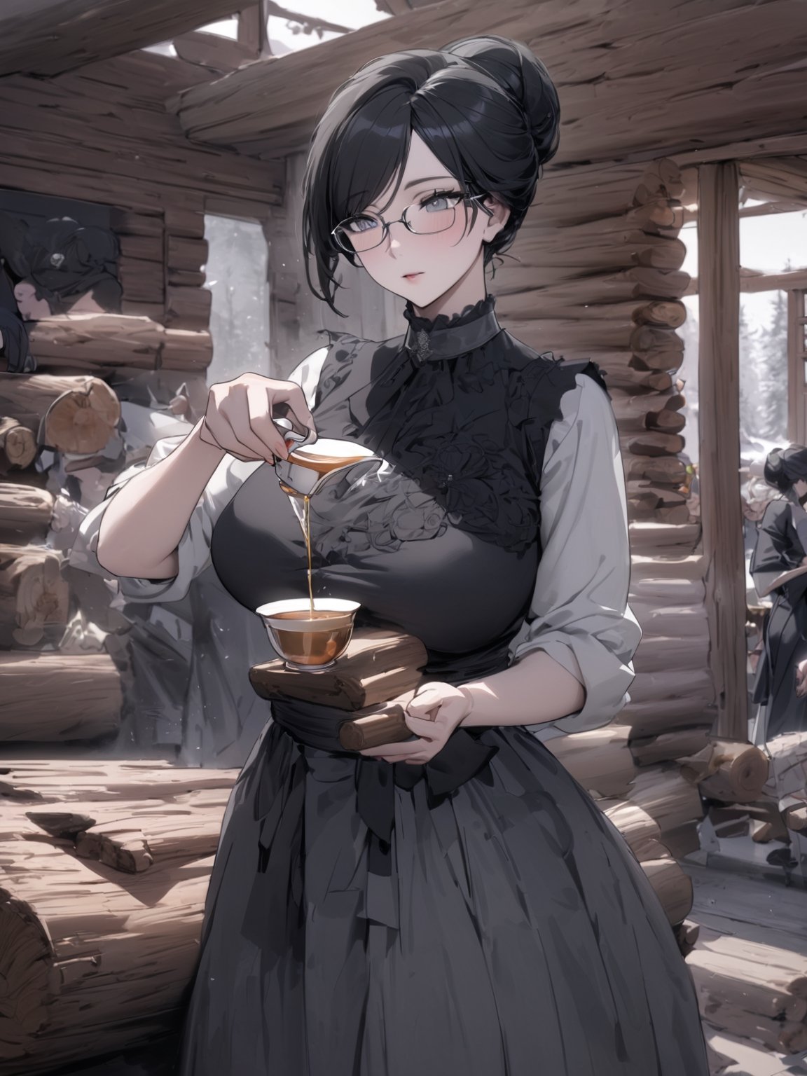 //Quality,
masterpiece, best quality, detailed
,//Character,
,Yuri Alpha \(overlord\), 1girl, solo, grey eyes, glasses, black hair, hair bun, breasts
,//Fashion,
dress
,//Background,
log house, pouring tea
,//Others,
