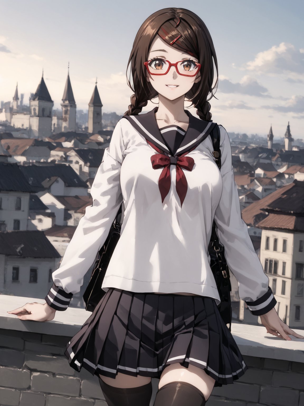 masterpiece, best quality, highres
,//Character, 
1girl, solo,SakimiyaMisaki, brown hair, twin braids, brown eyes, glasses, red-framed eyewear
,//Fashion, 
school uniform, hair ornament, hairclip, pleated skirt, black thighhighs
,//Background, 
,//Others, ,Expressiveh, 
A twin-tailed assassin girl perched on a rooftop, observing a medieval fantasy city at night.