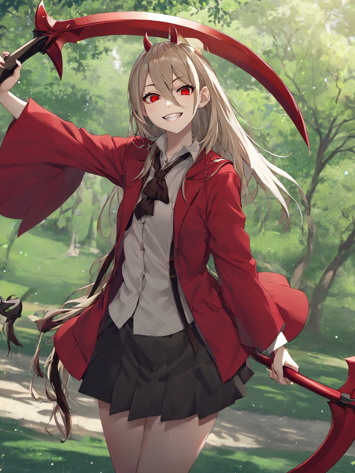 //Quality,
masterpiece, 8k, 8k UHD, best quality
,//Character,
1girl, solo
,//Fashion,
,//Background,
park
,//Others,
,powerdef, sharp teeth, grin, holding scythe, red scythe, cross-shaped pupils