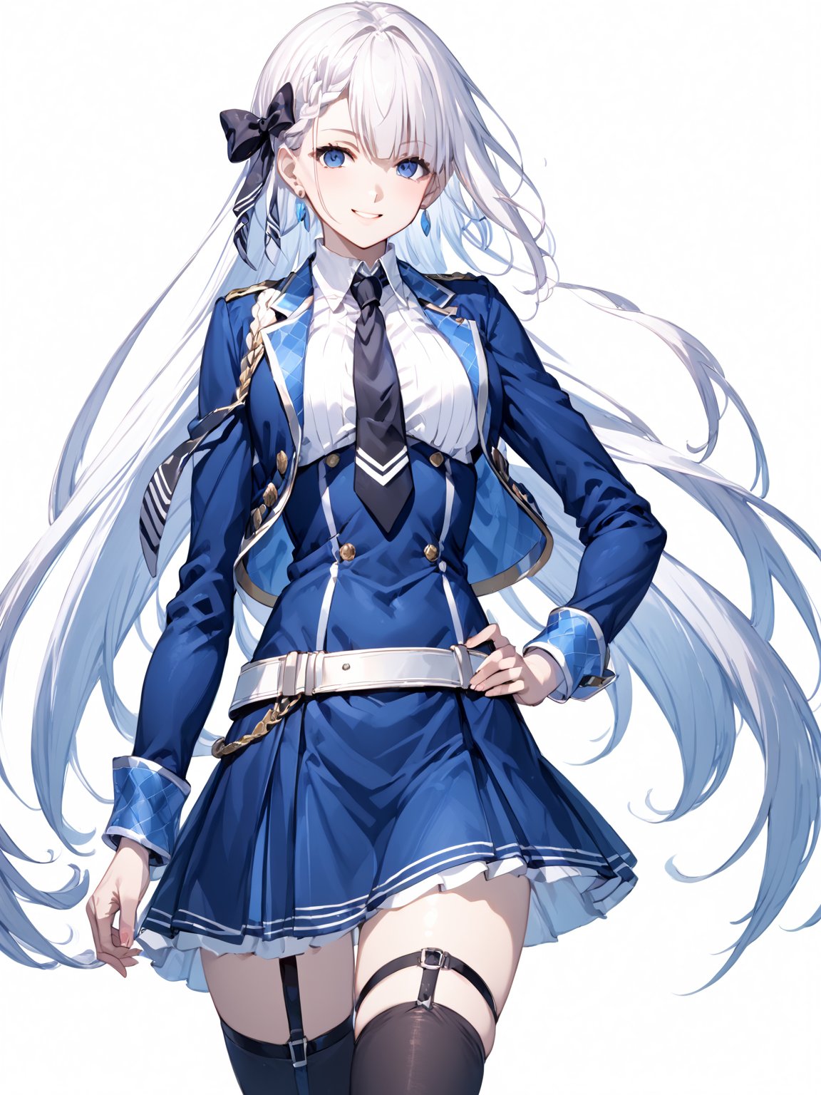 score_9,score_8_up,score_7_up,score_6_up, masterpiece, best quality
,//Character, 
1girl, solo,RiseliaRayCrystalia, very long hair, white hair, braid, blue eyes, medium breasts
,//Fashion, 
earrings, hair bow, long sleeves, white shirt, collared shirt, black necktie, blue jacket, blue skirt, pleated skirt, black thighhighs, belt
,//Background, white_background
,//Others,
making a V sign, smile,Expressiveh