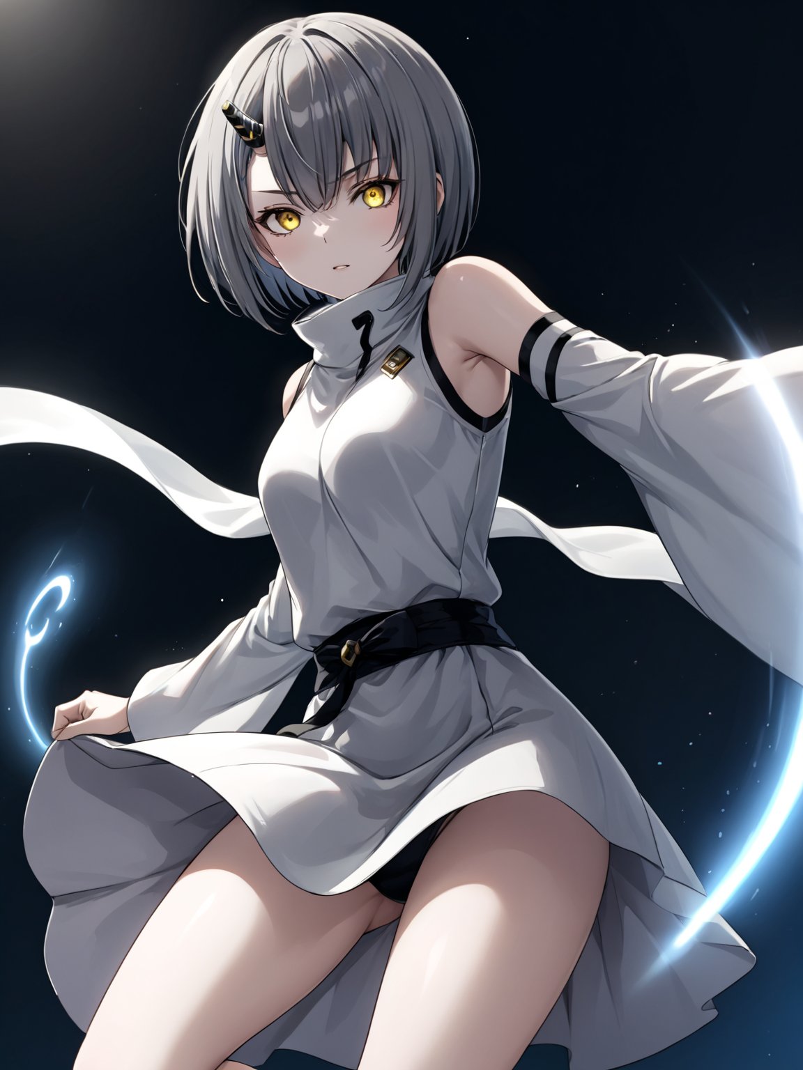 best quality, 8k, 8k UHD, ultra-high resolution, ultra-high definition, highres
,//Character, 
1girl, solo
,//Fashion, 
,//Background, 
,//Others, ,Expressiveh, 
Ataru, short hair, grey hair, yellow eyes, heterochromia, glowing, single horn, dress, legs,
A female martial artist demonstrating a complex kata, her gi in motion