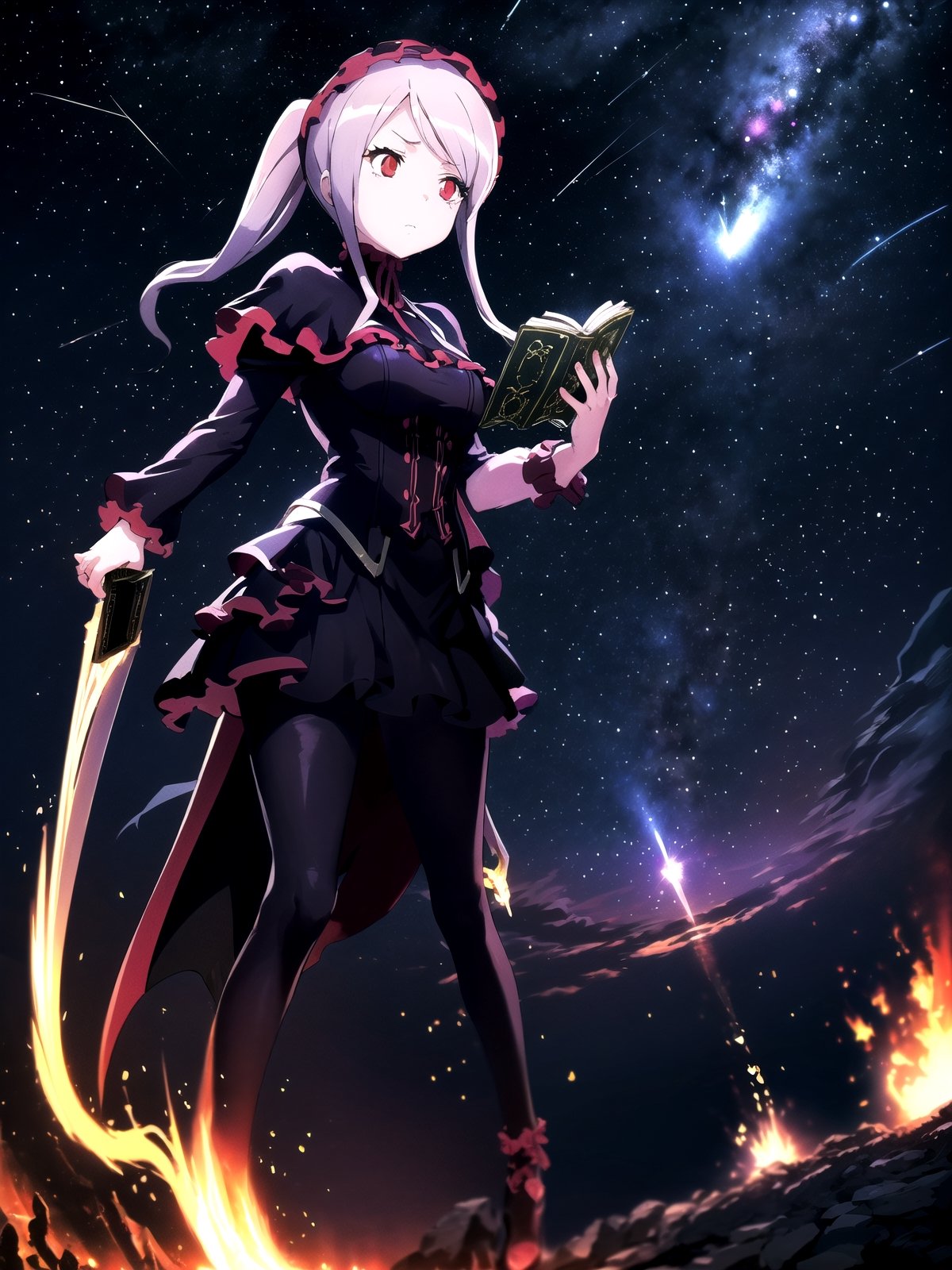 //Quality,
(masterpiece), (best quality), 8k illustration
,//Character,
1girl, solo
,//Fashion,
,//Background,
night sky, meteor
,//Others,
superpower, book, float, feel astonished,shalltear bloodfallen,so-bin