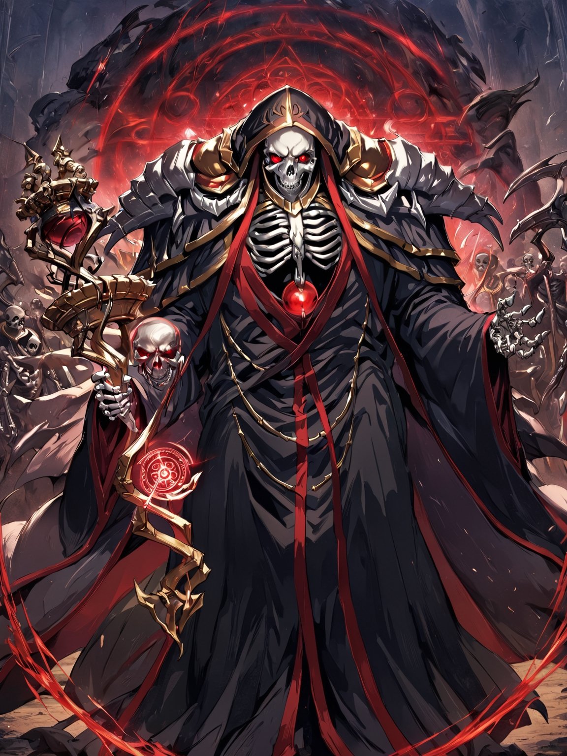 //Quality,
masterpiece, best quality, detailed
,//Character,
,ainz ooal gown \(overlord\), 1boy, solo, red eyes, skull, skeleton, glowing
,//Fashion,
hood, shoulder armor, robe, staff
,//Background,
battle field
,//Others,
magic chant, magic circle, hand in front