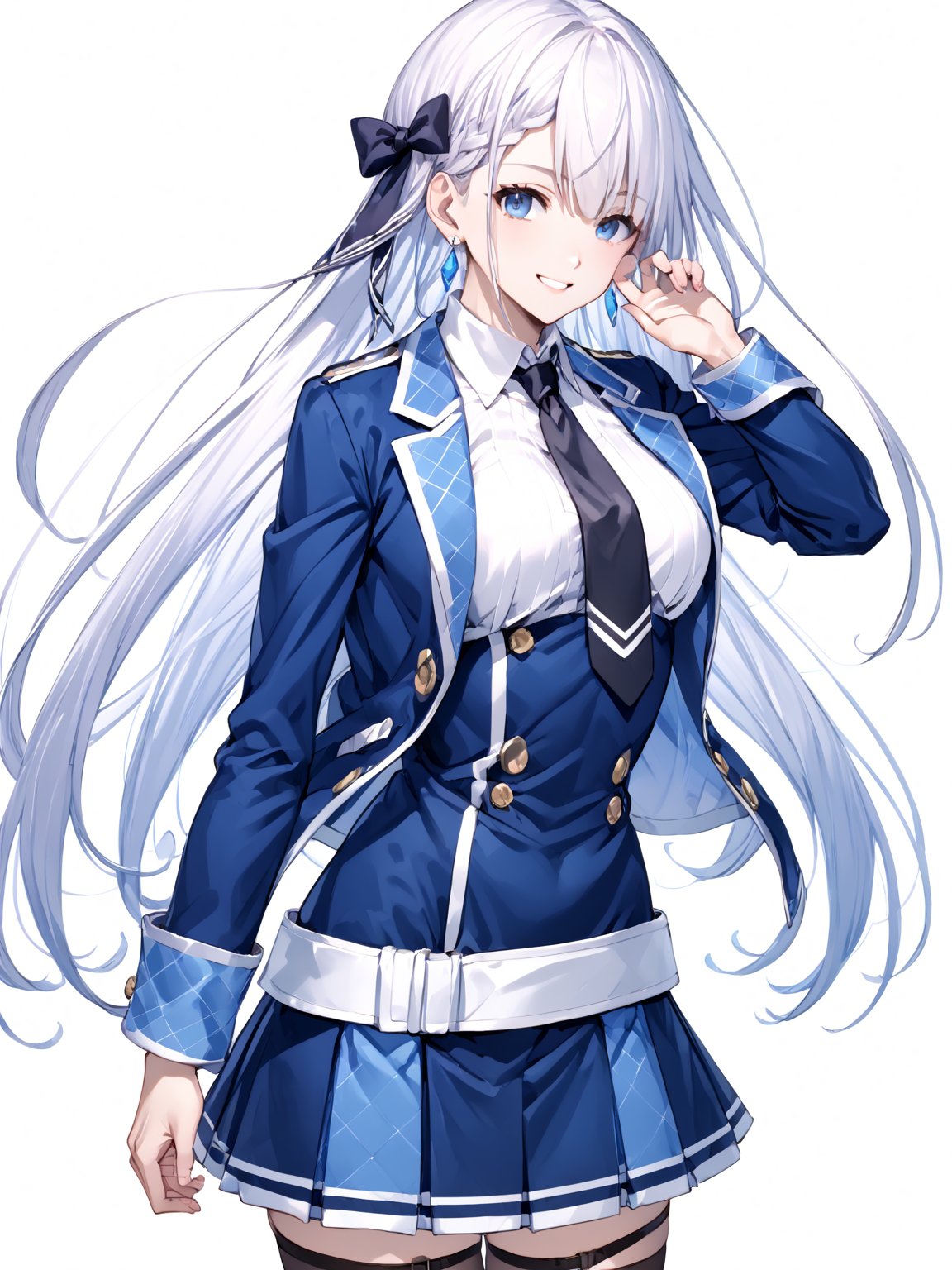 score_9,score_8_up,score_7_up,score_6_up, masterpiece, best quality
,//Character, 
1girl, solo,RiseliaRayCrystalia, very long hair, white hair, braid, blue eyes, medium breasts
,//Fashion, 
earrings, hair bow, long sleeves, white shirt, collared shirt, black necktie, blue jacket, blue skirt, pleated skirt, black thighhighs, belt
,//Background, white_background
,//Others,
making a V sign, smile,Expressiveh