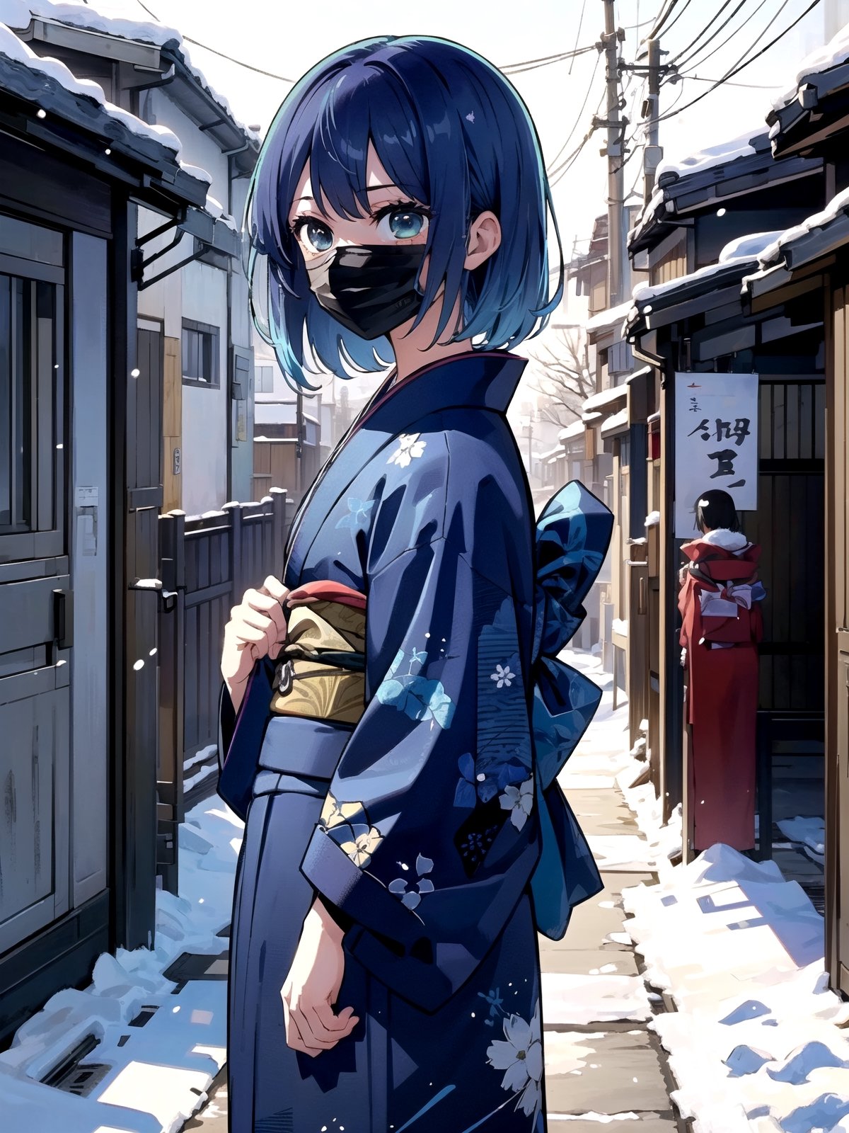 //Quality,
(masterpiece), (best quality), 8k illustration,
,//Character,
1girl, solo, 
,//Fashion,
details (dark blue silk brocade kimono)
,//Background,
Kyoto, outdoors, winter, snow
,//Others,
virus, mask, goodbye,hmakane, blue hair, short hair