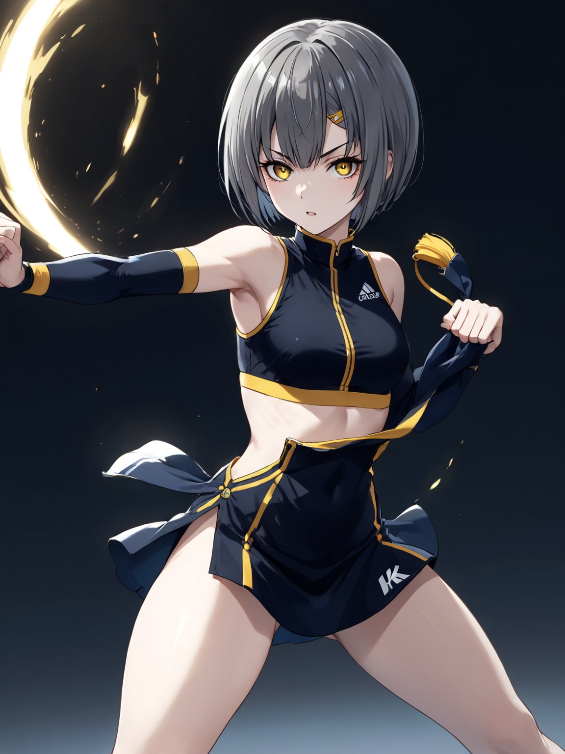 A martial artist mid-kick, her gi revealing a glimpse of athletic physique.
best quality, 8k, 8k UHD, ultra-high resolution, ultra-high definition, highres
,//Character, 
1girl, solo
,//Fashion, 
,//Background, 
,//Others, ,Expressiveh, 
Ataru, short hair, grey hair, yellow eyes, heterochromia, glowing, single horn, dress, legs,
A martial artist mid-kick, her gi revealing a glimpse of athletic physique.