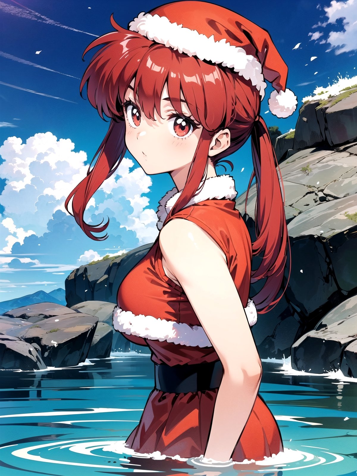 1girl, solo, Hot springs, Ranma style, female Santa,RanmaChan, red_hair