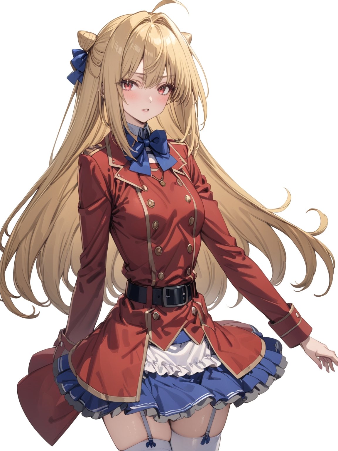 //Quality, masterpiece, best quality, detailmaster2, 8k, 8k UHD, ultra detailed, ultra-high resolution, ultra-high definition, highres, 
//Character, 1girl, solo,Terakomari, long hair, blonde hair, red eyes, ahoge, hair bow,
//Fashion, red coat, belt buckle, blue bowtie, long sleeves, skirt, bow, white thighhighs, garter straps, boots, 
//Background, white background, 
//Others, 