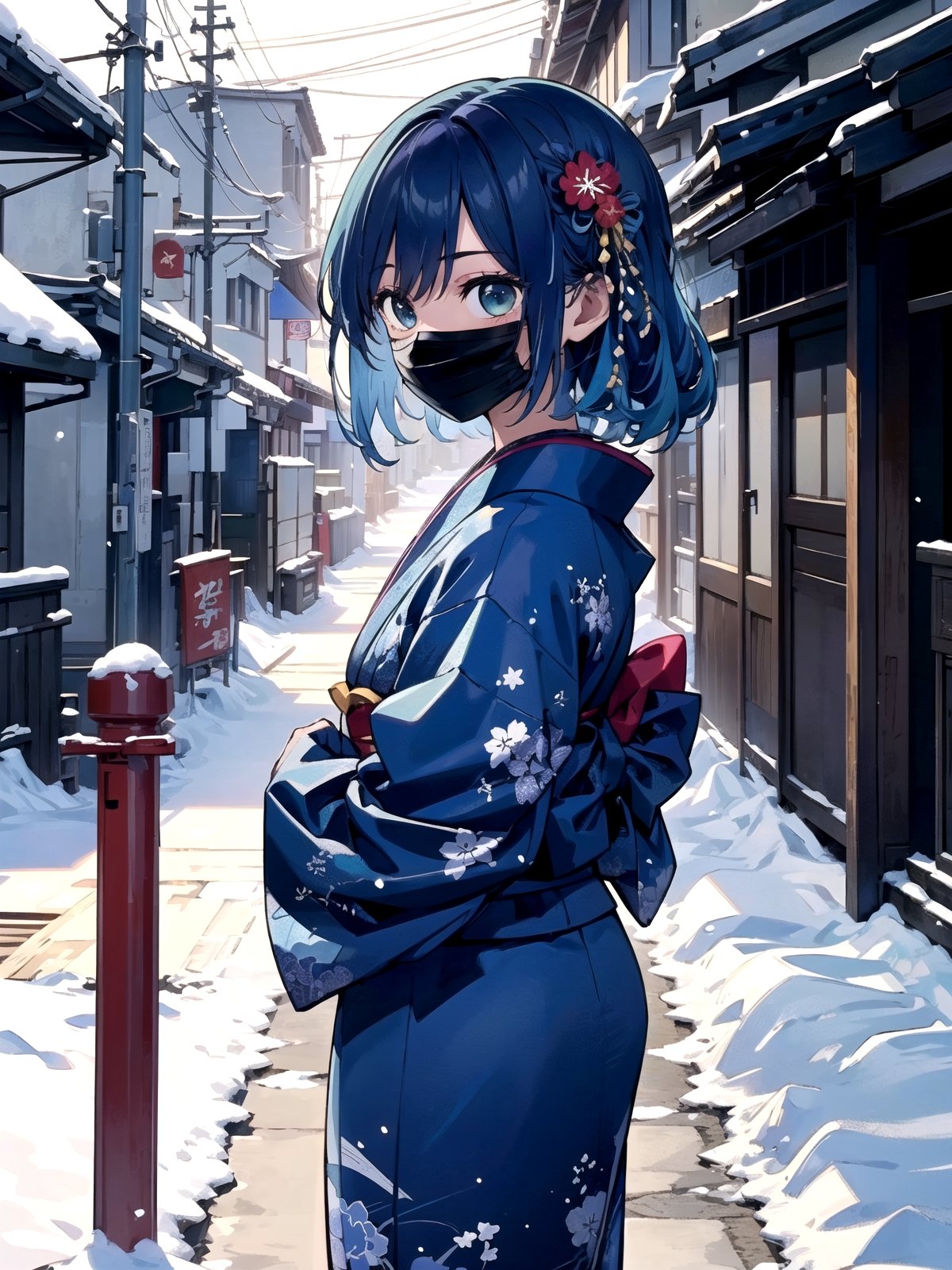 //Quality,
(masterpiece), (best quality), 8k illustration,
,//Character,
1girl, solo, 
,//Fashion,
details (dark blue silk brocade kimono)
,//Background,
Kyoto, outdoors, winter, snow
,//Others,
virus, mask, goodbye,hmakane, blue hair