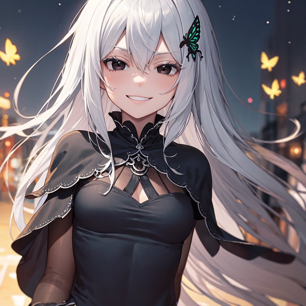 1 Girl, special ability, night, starry sky, shadow, detailed background, echidna, colored eyelashes, white hair, hair between eyes, long hair, straight hair, (black eyes:1.5),BREAK black capelet, black dress, butterfly hair ornament, capelet, dress, hair ornament, IncrsAnyasHehFaceMeme,grin