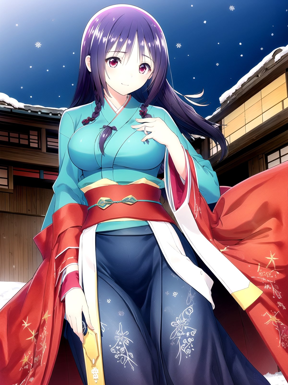 //Quality,
(masterpiece), (best quality), 8k illustration
,//Character,
1girl, solo, large breasts
,//Fashion,
details (dark blue silk brocade kimono)
,//Background,
outdoors, winter, snow
,//Others,
happy new year 2024, dragon,Yuzuki