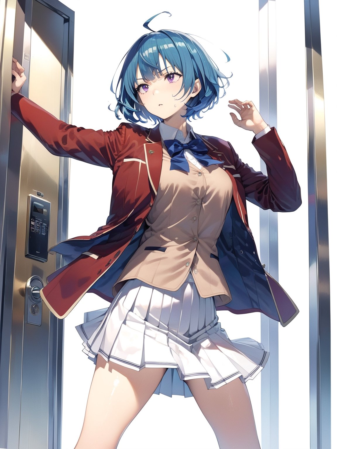 //Quality,
masterpiece, best quality, detailed
,//Character,
, IbukiMio, 1girl, solo, breasts, short hair, bangs, blue eyes, blue hair, purple eyes, ahoge, shiny hair
,//Fashion,
school uniform, red jacket, open clothes, blue bow, collared shirt, pleated skirt,
,//Background,
Elevator, closed room, sweaty summer, kicking the door
,//Others,
