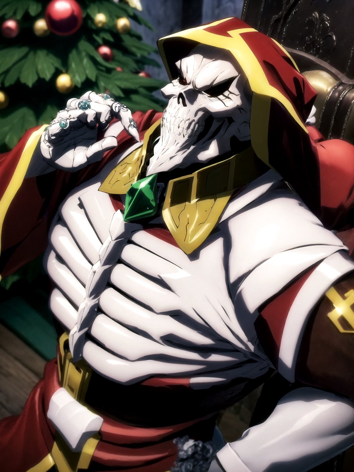 1boy, intricate design, santa costume, (santa's home, decorate santa house, Decorate the Christmas tree),Christmas,Ainz, overlord, high laughter