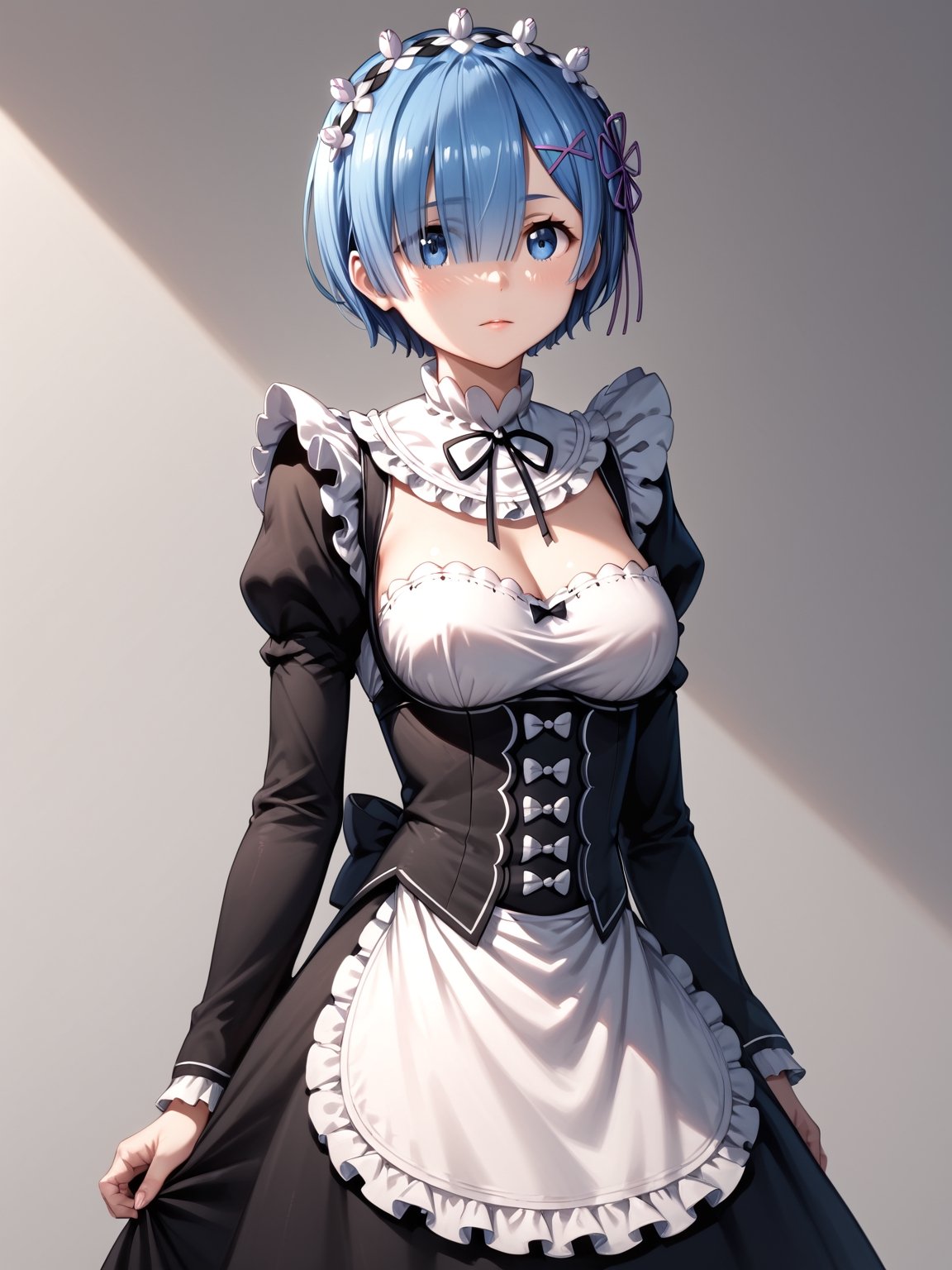 score_9,score_8_up,score_7_up, masterpiece, best quality, detailmaster2, 8k, 8k UHD, ultra detailed, ultra-high resolution, ultra-high definition, highres, 
//Background, white_background,
//Character, ,rem \(re_zero\), 1girl, solo, blue eyes, blue hair, short hair, 
//Fashion, ,roswaal mansion maid uniform, hair ribbon
//Others, ,score_6_up