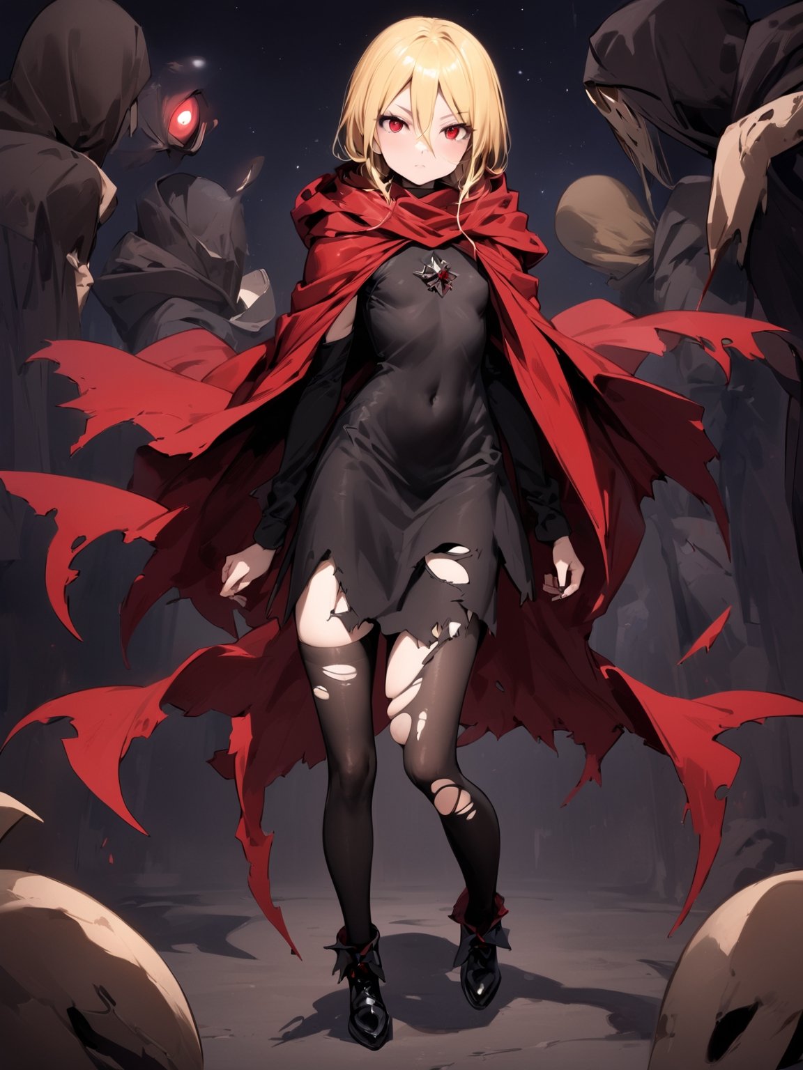 //Quality,
masterpiece, best quality, detailed
,//Character,
,Evileye \(overlord\), 1girl, solo, blonde hair, red eyes, hair between eyes, small breasts
,//Fashion,
hood, black dress, torn clothes, covered navel, red cloak, hooded cloak, black thighhighs, torn thighhighs, boots, black footwear
,//Background,
night_sky, starry_sky
,//Others,
hood down, arms at sides