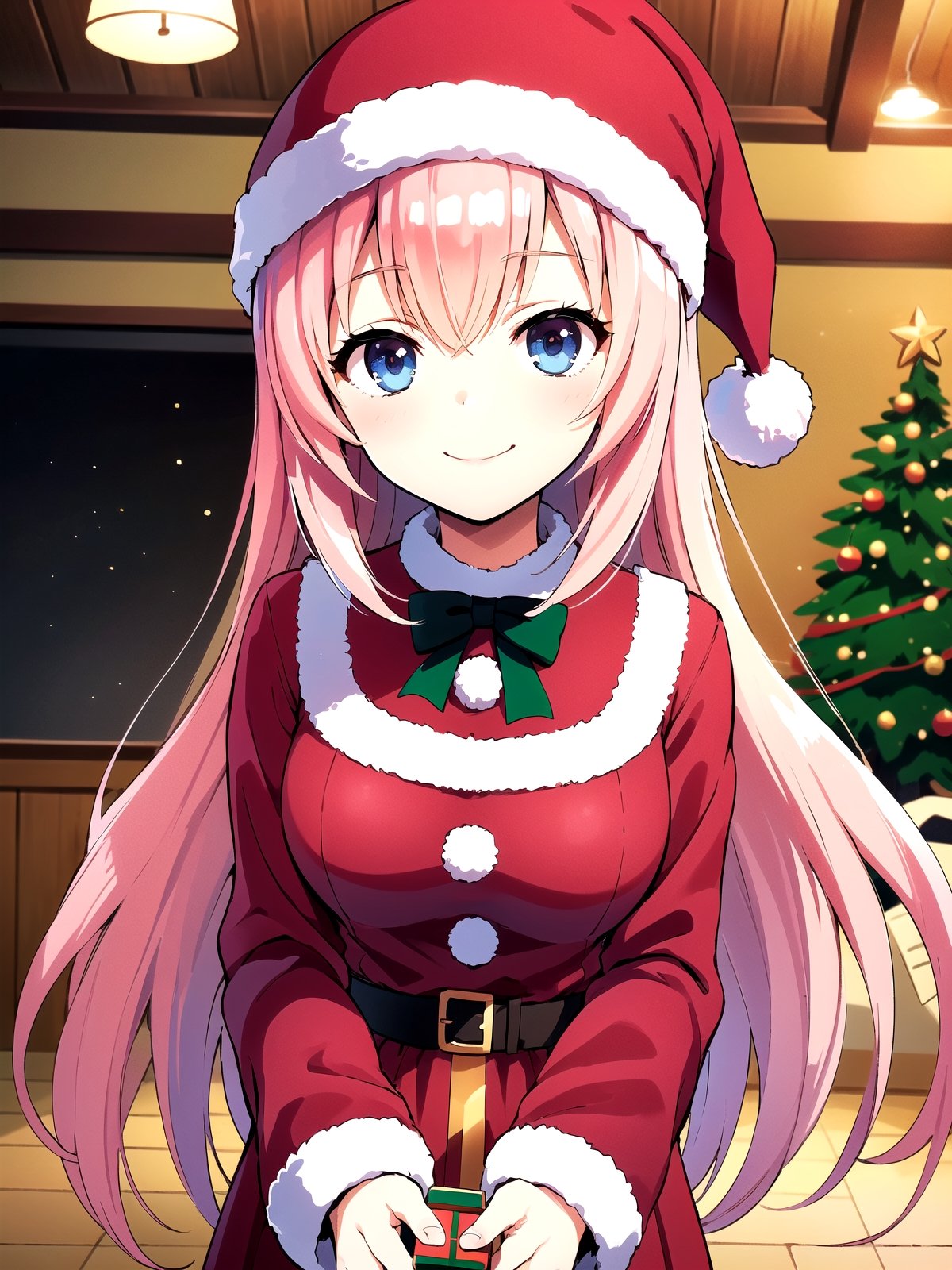 //Quality,
(masterpiece), (best quality), 8k illustration,
//Character,
overlordentoma, 1girl, solo, smile, gift
//Fashion,
santa_costume,
//Background,
indoors, christmas, 
//Others,
,aahonami, long hair, pink hair