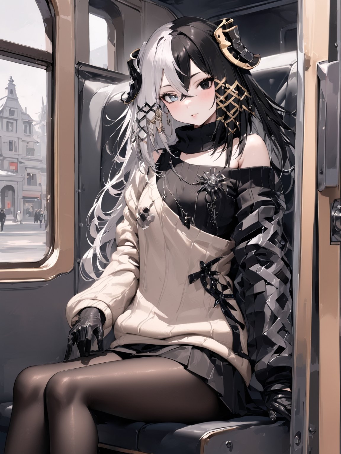 //Quality,
masterpiece, best quality, detailed
,//Character,
,Antilene_Heran_Fouche \(overlord\), 1girl, solo, black eyes, grey eyes, heterochromia, two-tone hair,  hair between eyes, bangs
,//Fashion,
hair ornament, long sleeves, bare shoulder, gloves, sweater, skirt, pantyhose
,//Background,
View the scenery from the carriage window
,//Others,
sitting