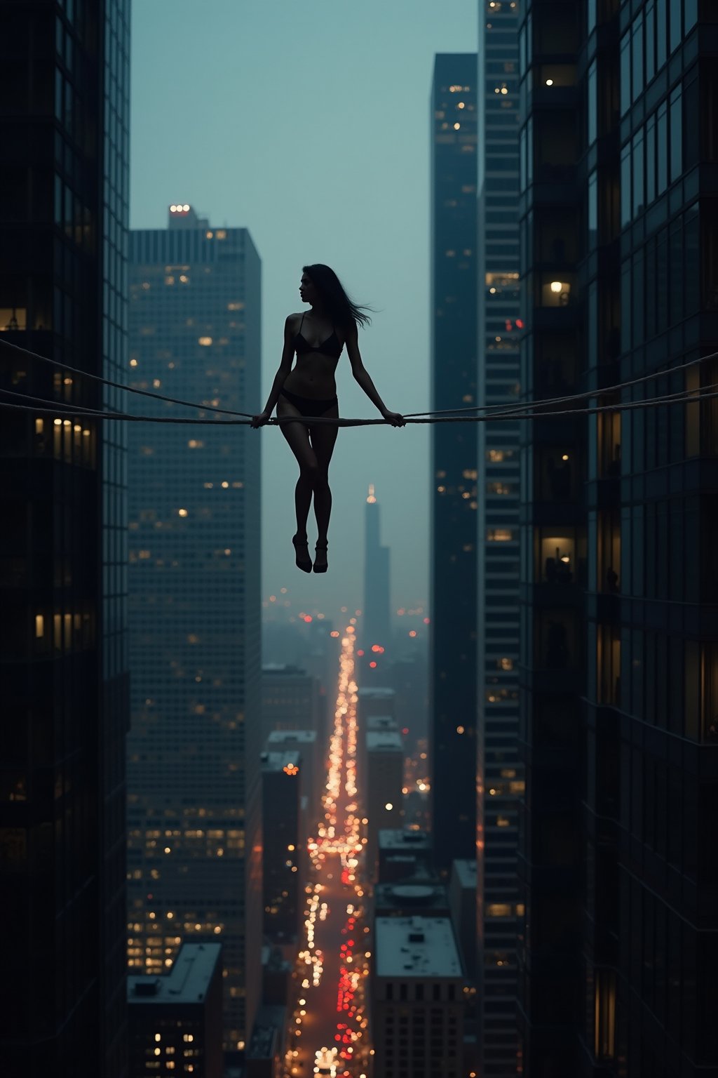 A woman performing a high-wire act between skyscrapers, city lights twinkling far below.