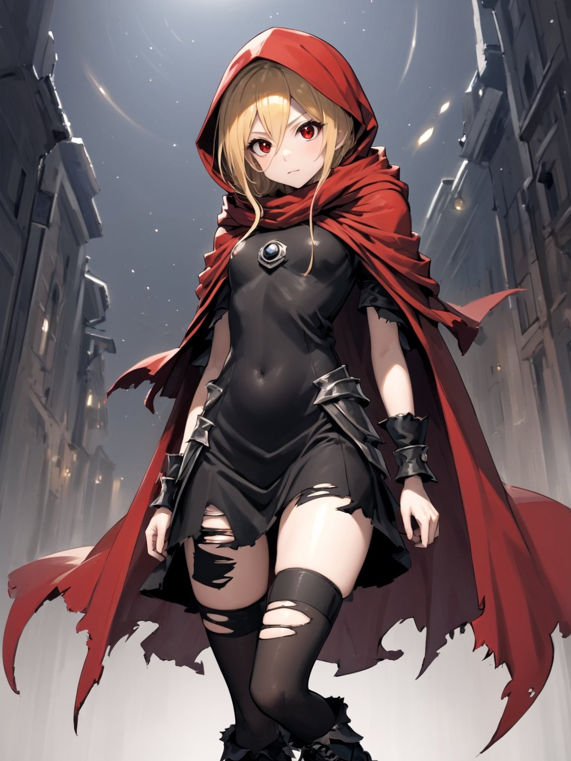 //Quality,
masterpiece, best quality, detailed
,//Character,
,Evileye \(overlord\), 1girl, solo, blonde hair, red eyes, hair between eyes, small breasts
,//Fashion,
hood, black dress, torn clothes, covered navel, red cloak, hooded cloak, black thighhighs, torn thighhighs, boots, black footwear
,//Background,
night_sky, starry_sky
,//Others,
hood up, arms at sides