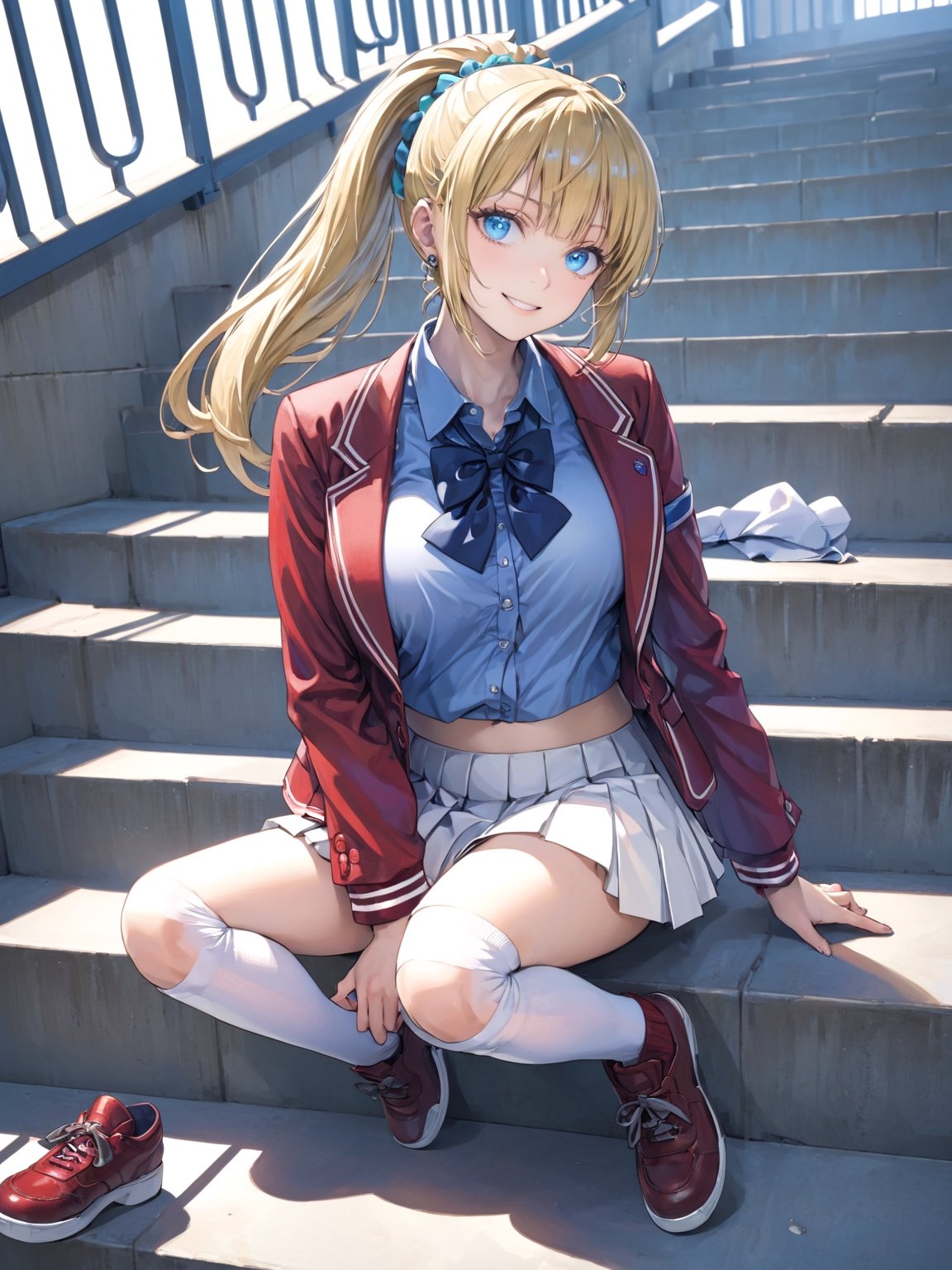 //Quality,
masterpiece, best quality, detailed
,//Character,
1girl, solo,KaruizawaKei, 1girl, blue eyes, blonde hair, ponytail, bangs, breasts, hair ornament
,//Fashion,
school uniform, red jacket, open jacket, hair scrunchie, bowtie, white skirt, pleated skirt, kneehighs, white socks, shoes
,//Background,
school stairs
,//Others,
sitting, smile