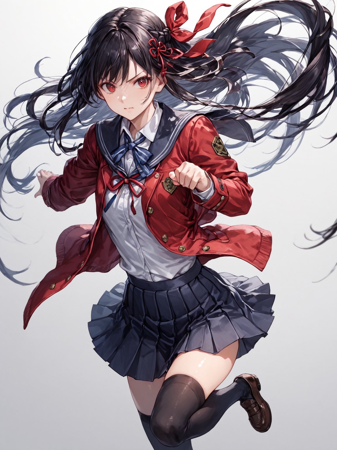 score_9,score_8_up,score_7_up,score_6_up, masterpiece, best quality, 8k, 8k UHD, ultra-high resolution, ultra-high definition, highres
,//Character, 
1girl, solo, suzune horikita, long hair, black hair, shiny hair, red eyes, bangs, braid
,//Fashion, 
school uniform, red jacket, hair ribbon, white shirt, pleated skirt, thighhighs
,//Background, white_background
,//Others, ,Expressiveh,
fighting stance, dynamic pose