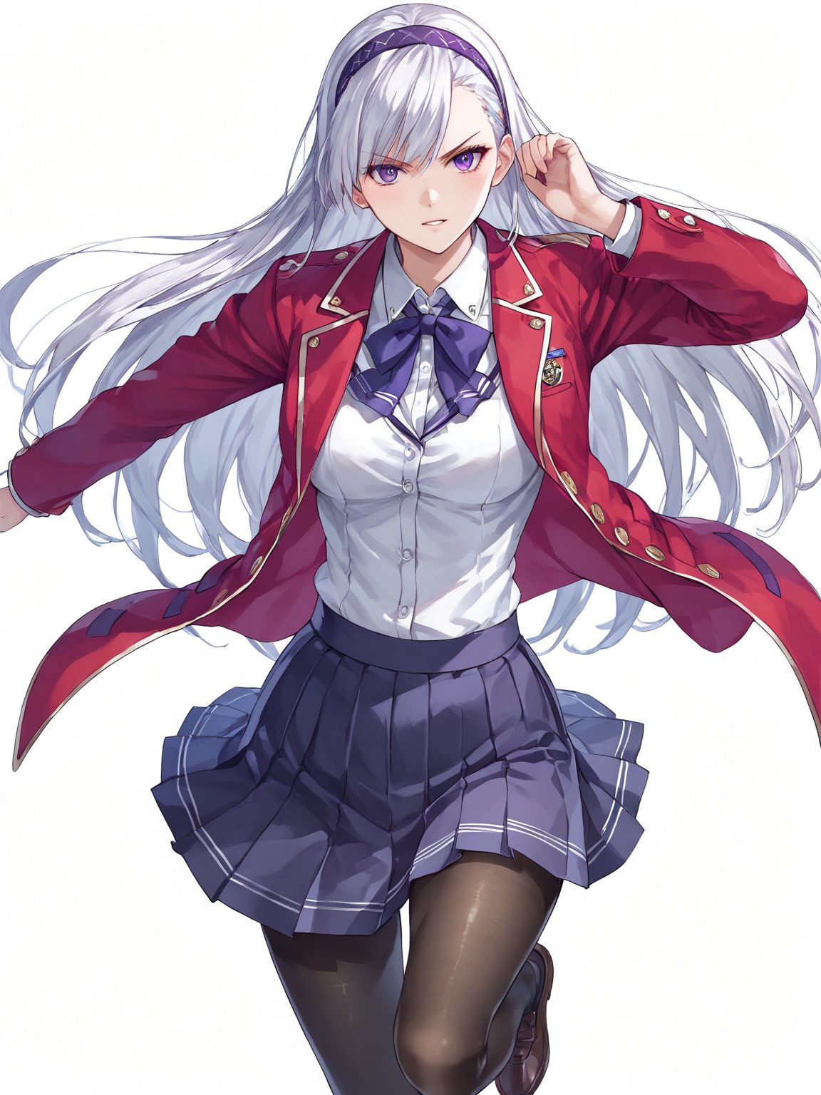 score_9,score_8_up,score_7_up,score_6_up, masterpiece, best quality, 8k, 8k UHD, ultra-high resolution, ultra-high definition, highres
,//Character, 
1girl, solo, long hair, white hair, purple eyes
,//Fashion, 
school uniform, red jacket, pantyhose, pleated skirt, hairband
,//Background, white_background
,//Others, ,Expressiveh,
fighting stance, dynamic pose