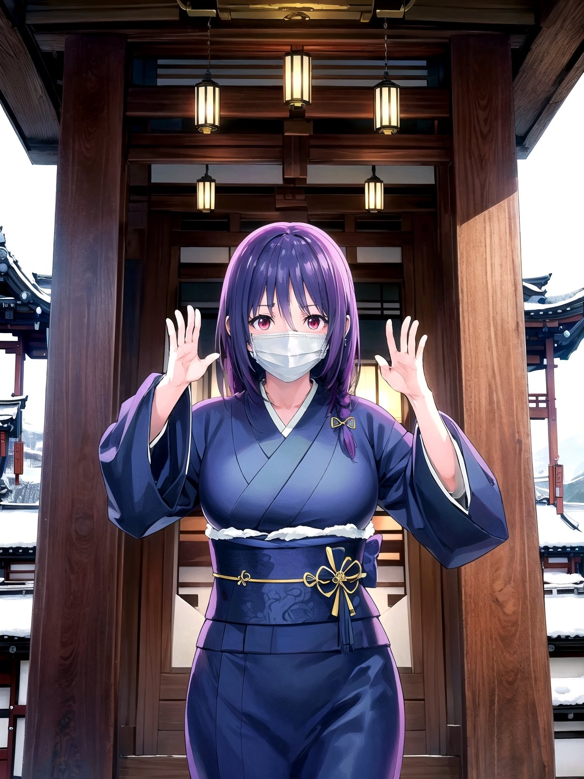 //Quality,
(masterpiece), (best quality), 8k illustration,
,//Character,
1girl, solo, 
,//Fashion,
details (dark blue silk brocade kimono)
,//Background,
Kyoto, outdoors, winter, snow
,//Others,
virus, mask, goodbye pose,Yuzuki