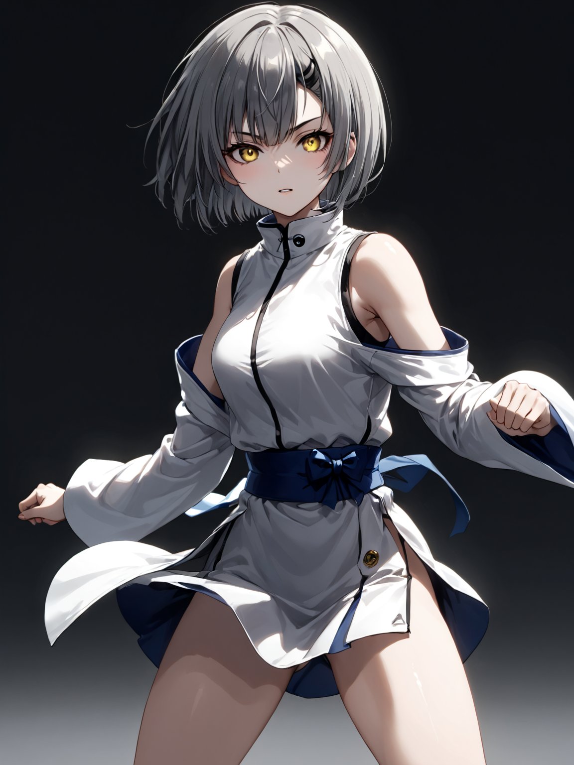 A martial artist mid-kick, her gi revealing a glimpse of athletic physique.
best quality, 8k, 8k UHD, ultra-high resolution, ultra-high definition, highres
,//Character, 
1girl, solo
,//Fashion, 
,//Background, 
,//Others, ,Expressiveh, 
Ataru, short hair, grey hair, yellow eyes, heterochromia, glowing, single horn, dress, legs,
A martial artist mid-kick, her gi revealing a glimpse of athletic physique.