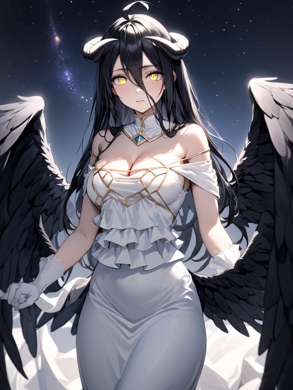 //Quality,
masterpiece, best quality, detailed
,//Character,
1girl, solo
,//Fashion,
,//Background,
star_(sky)
,//Others,
,albedo \(overlord\), 1girl, long hair, black hair, hair between eyes, yellow eyes, horns, ahoge, white gloves, white dress, bare shoulders, detached collar, cleavage, slit pupils, black wings, feathered wings, low wings