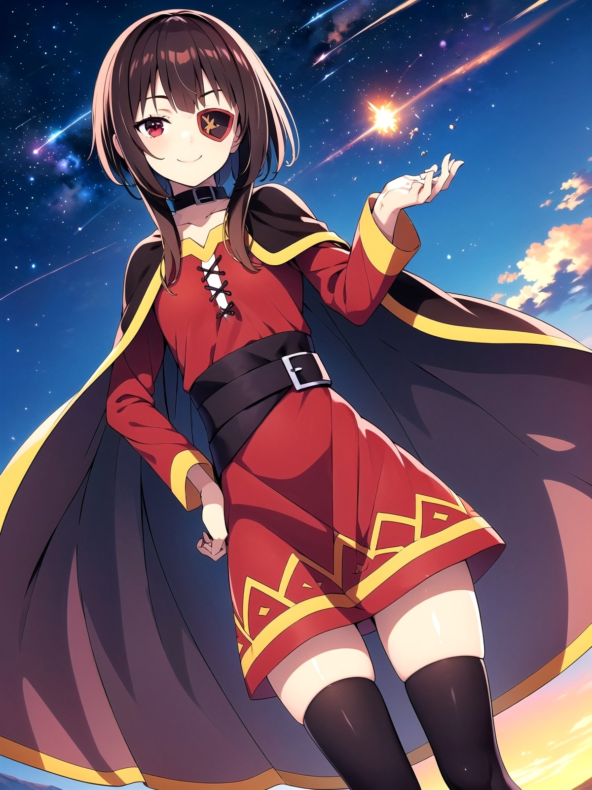 //Quality,
(masterpiece), (best quality), 8k illustration
,//Character,
1girl, solo, smile
,//Fashion,
,//Background,
night sky, meteor,  
,//Others,
make a wish,Megu-KJ , megu dress , megu cape , asymmetrical legwear, right thighhighs, eyepatch,Megu-KJ