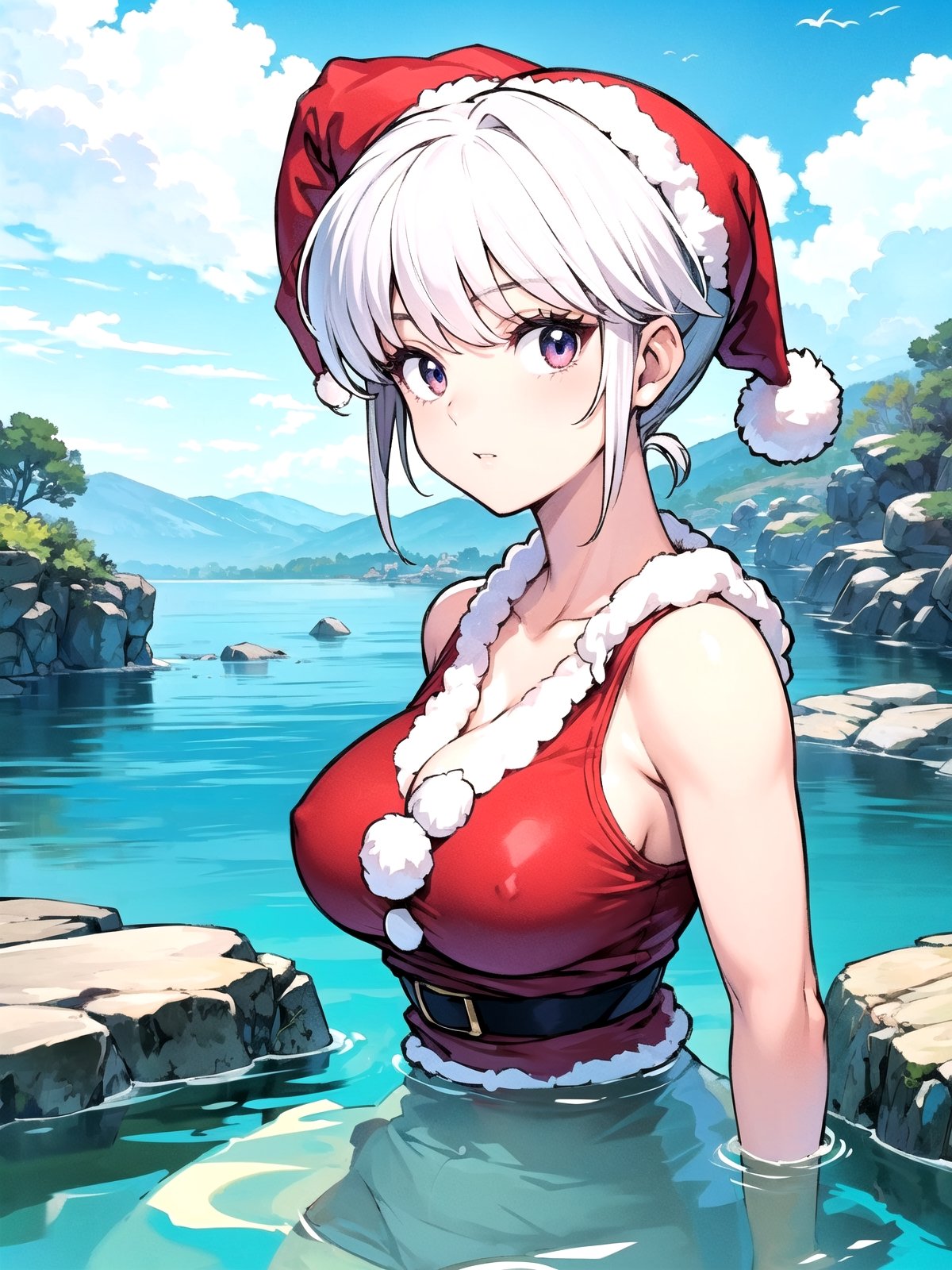 1girl, solo, Hot springs, Ranma style, female Santa,RanmaChan, white_hair,so-bin