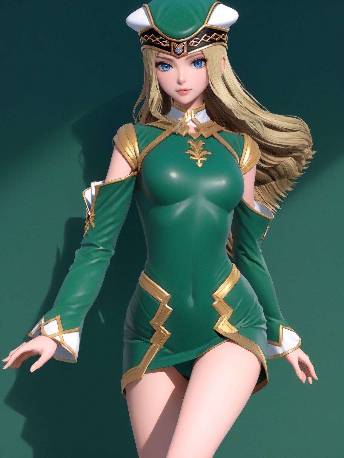 //Character, solo, Frey_VP, 1girl, blue eyes, long hair, blonde hair, 
//Fashion, hat, green dress, detached sleeves, green footwear, 
//Background, simple background, 
//Quality, (masterpiece), best quality, ultra-high resolution, ultra-high definition, highres, intricate, intricate details, absurdres, highly detailed, finely detailed, ultra-detailed, ultra-high texture quality, natural lighting, natural shadow, dramatic shading, dramatic lighting, vivid colour, perfect anatomy, 
//Others, 