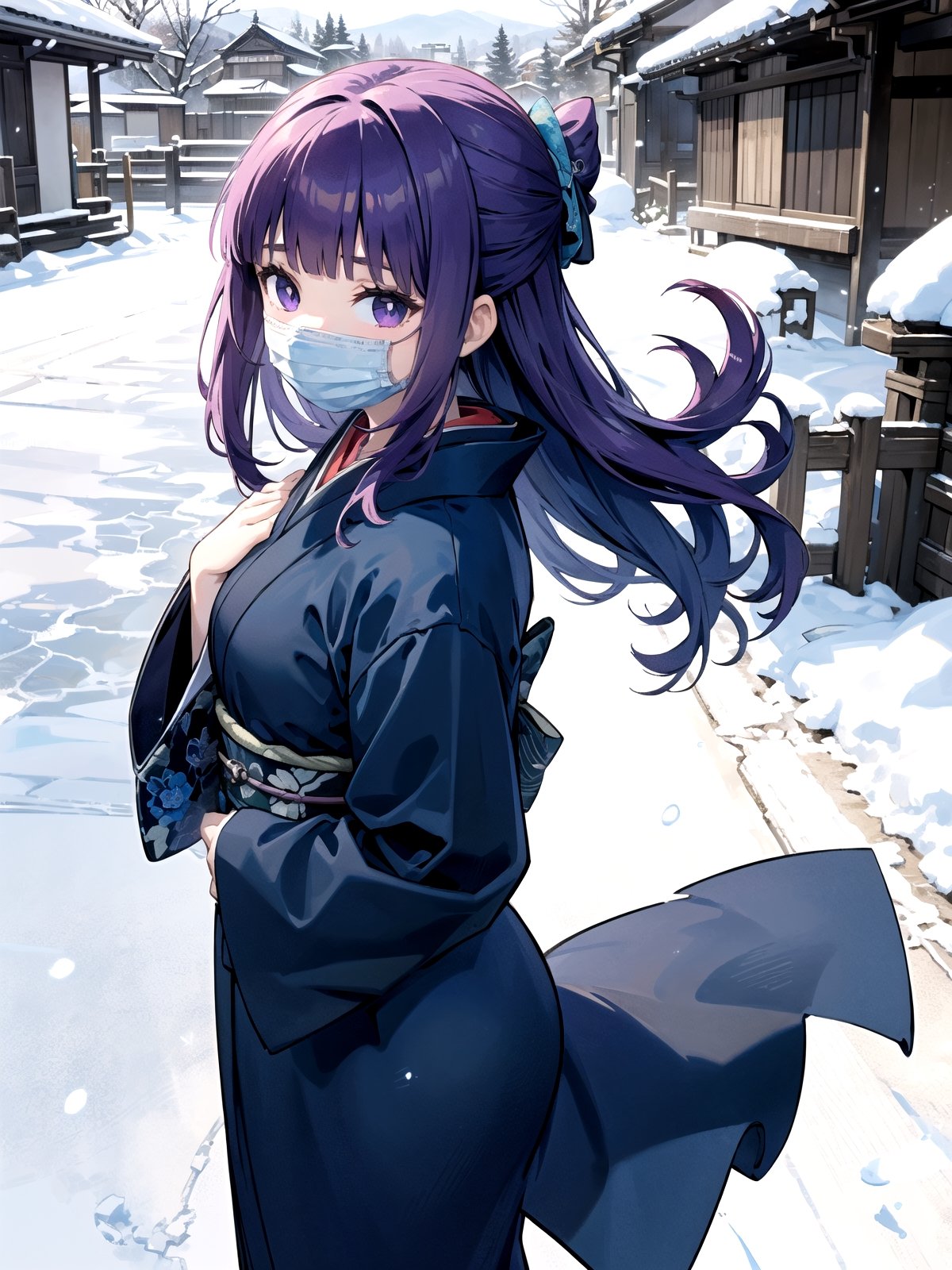 //Quality,
(masterpiece), (best quality), 8k illustration,
,//Character,
1girl, solo, 
,//Fashion,
details (dark blue silk brocade kimono)
,//Background,
Kyoto, outdoors, winter, snow
,//Others,
chin mask,goodbye,aafern, long hair