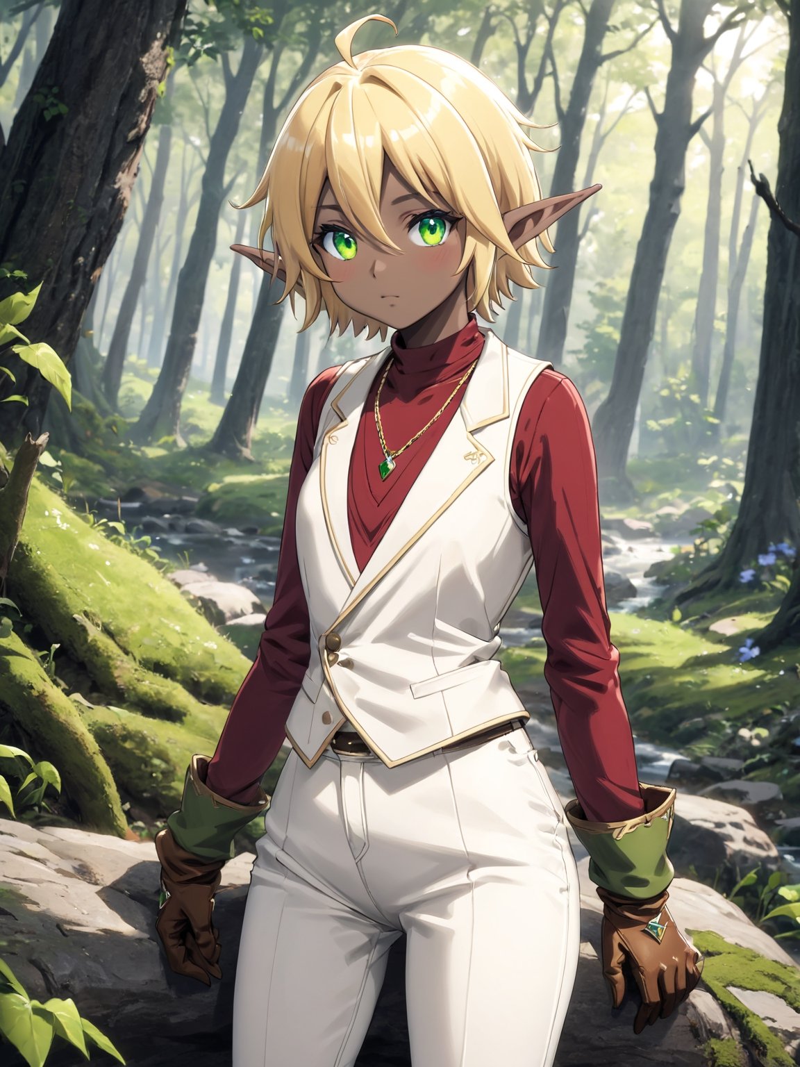 //Quality,
masterpiece, best quality, detailed
,//Character,
solo,Aura Bella Fiora \(overlord\), 1girl, short hair, blonde hair, hair between eyes, blue eyes, green eyes, heterochromia, pointy ears, dark skin, elf, ahoge
,//Fashion,
red shirt, long sleeves, brown gloves, necklace, white vest, white pants, brown footwear
,//Background,
forest
,//Others,