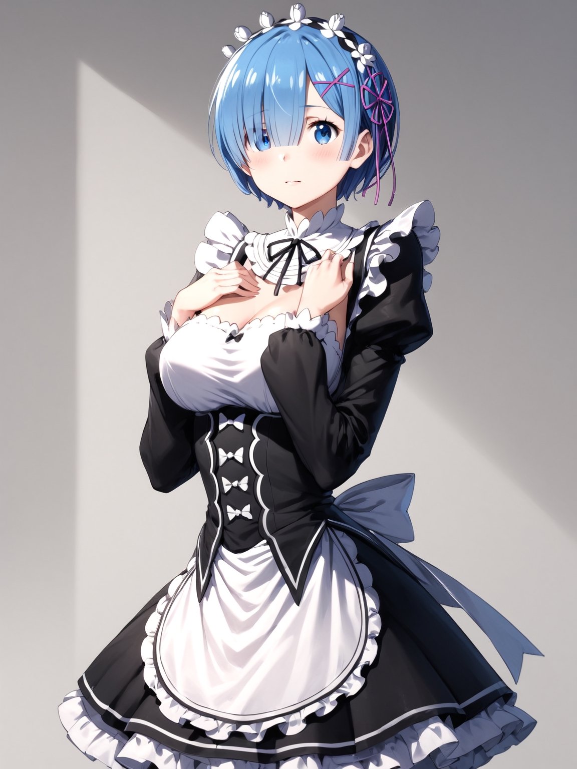 score_9,score_8_up,score_7_up, masterpiece, best quality, detailmaster2, 8k, 8k UHD, ultra detailed, ultra-high resolution, ultra-high definition, highres, 
//Background, white_background,
//Character, ,rem \(re_zero\), 1girl, solo, blue eyes, blue hair, short hair, 
//Fashion, ,roswaal mansion maid uniform, hair ribbon
//Others, 