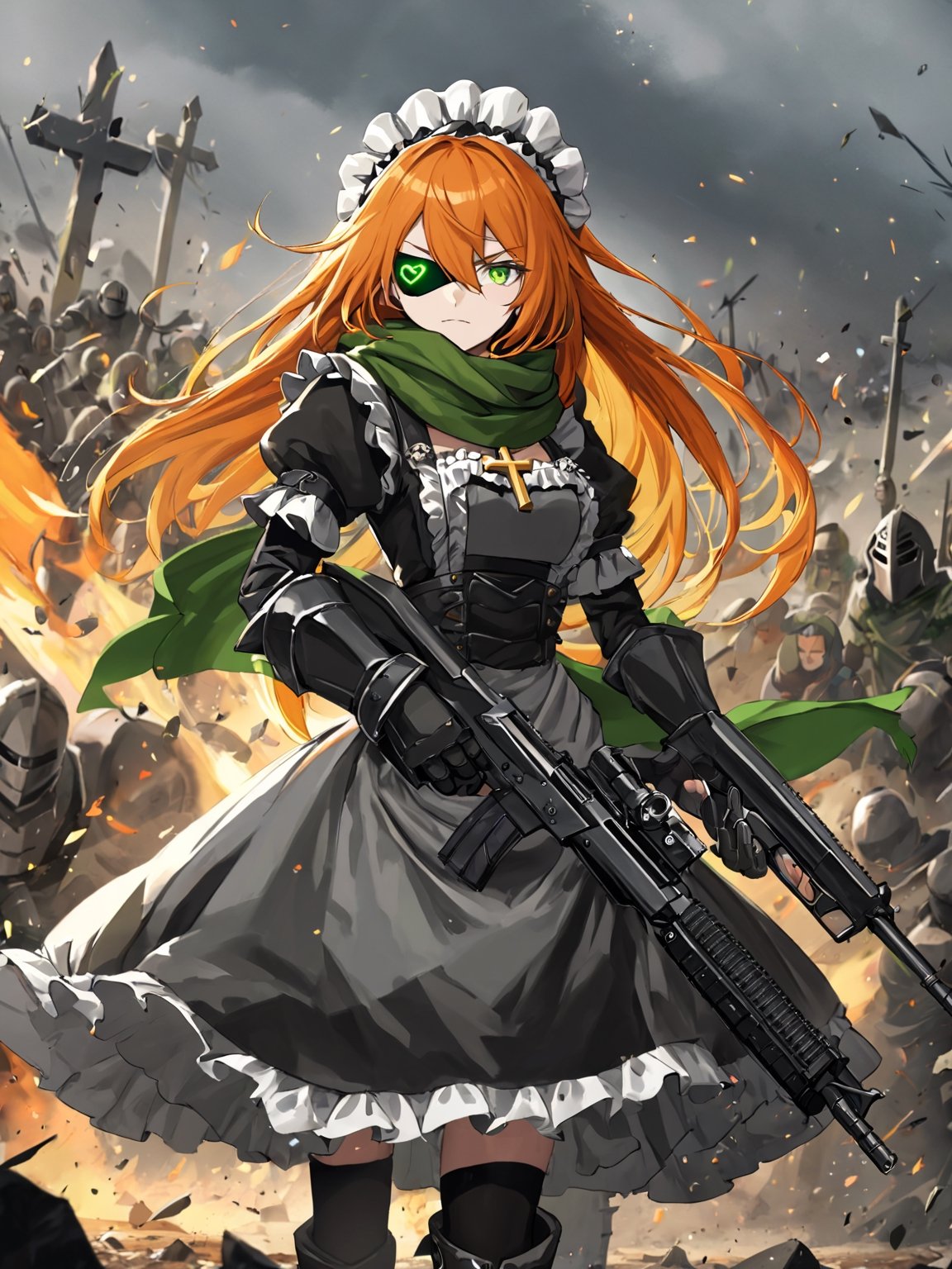 //Quality,
masterpiece, best quality, detailed
,//Character,
,cz2128_delta \(overlord\), 1girl, solo, long hair, green eyes, orange hair, eyepatch, cross pupils, expressionless
,//Fashion,
maid, maid headdress, camouflage, green scarf, gloves, dress, boots, armor
,//Background,
battle ground
,//Others,
holding gun