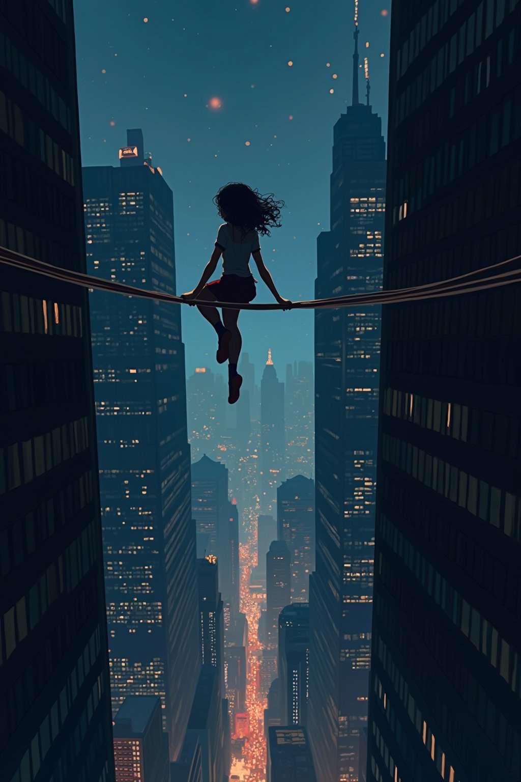 A woman performing a high-wire act between skyscrapers, city lights twinkling far below.
,anime art of girl/woman