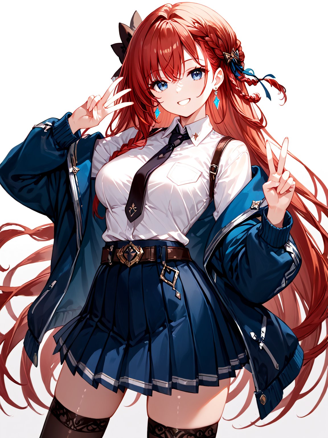 score_9,score_8_up,score_7_up,score_6_up, masterpiece, best quality
,//Character, 
1girl, solo,RiseliaRayCrystalia, very long hair, white hair, braid, blue eyes, medium breasts
,//Fashion, 
earrings, red hair bow, long sleeves, white shirt, collared shirt, black necktie, blue jacket, blue skirt, pleated skirt, black thighhighs, belt
,//Background, white_background
,//Others,
(making a V sign), smile,Expressiveh