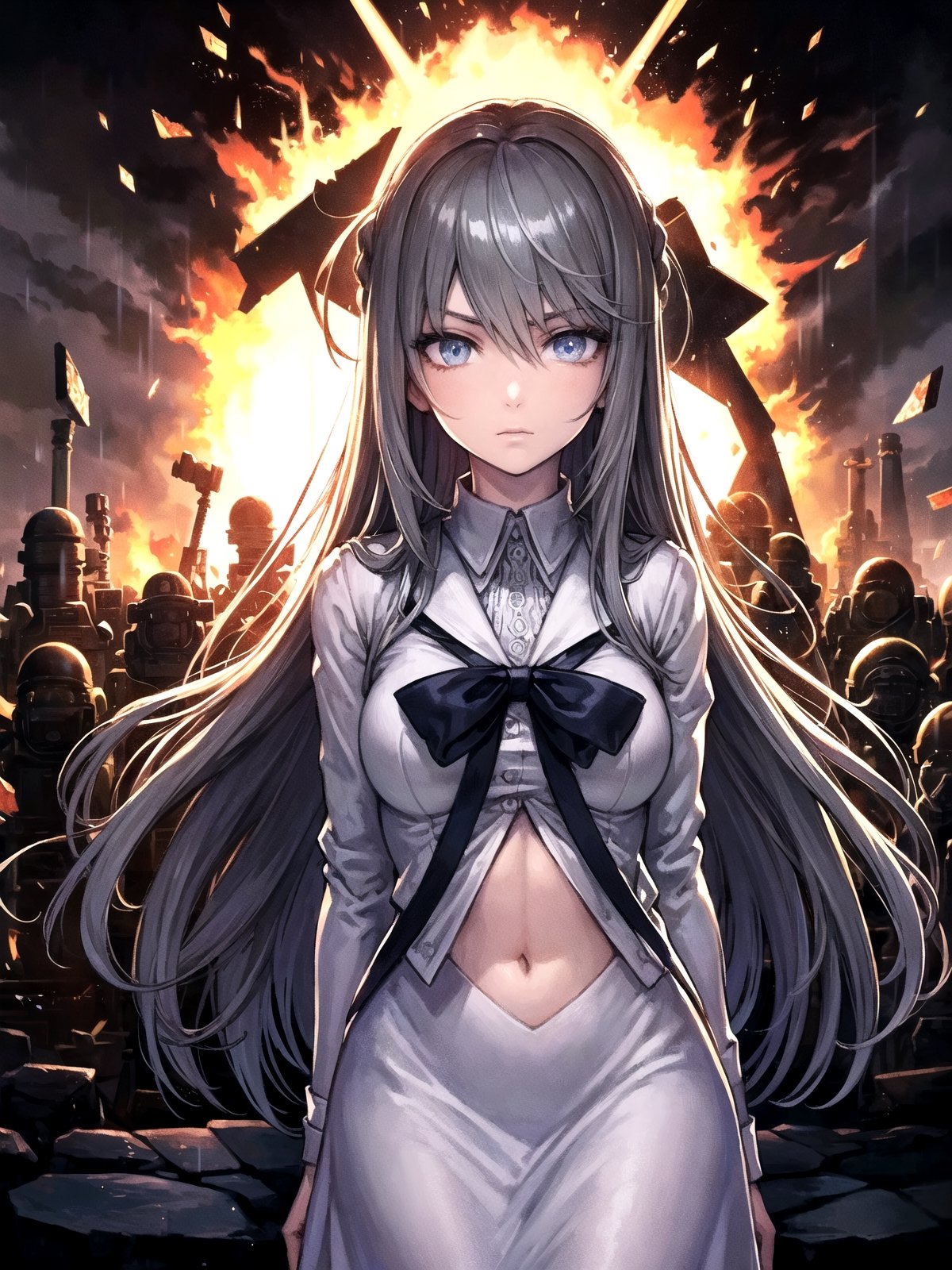 (((masterpiece))),best quality, illustration,(beautiful detailed girl),beautiful detailed glow,((flames of war)),(((nuclear explosion behide))),rain,detailed lighting,detailed water,(beautiful detailed eyes),expressionless,palace,azure hair,disheveled hair,long bangs,hairs between eyes,(whitegrey dress),black ribbon,white bowties,midriff,big forhead,blank stare,flower,long sleeves