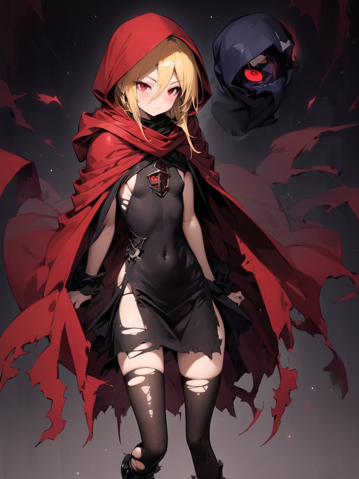 //Quality,
masterpiece, best quality, detailed
,//Character,
,Evileye \(overlord\), 1girl, solo, blonde hair, red eyes, hair between eyes, small breasts
,//Fashion,
hood, black dress, torn clothes, covered navel, red cloak, hooded cloak, black thighhighs, torn thighhighs, boots, black footwear
,//Background,
night_sky, starry_sky
,//Others,
hood up, arms at sides
