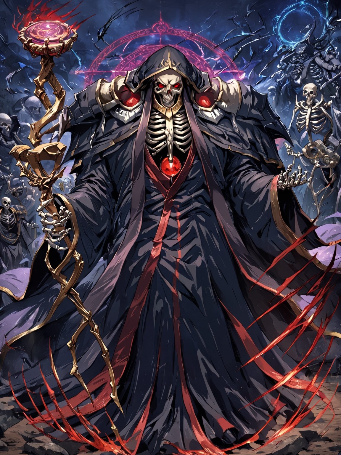 //Quality,
masterpiece, best quality, detailed
,//Character,
,ainz ooal gown \(overlord\), 1boy, solo, red eyes, skull, skeleton, glowing
,//Fashion,
hood, shoulder armor, robe, staff
,//Background,
battle field
,//Others,
magic chant, magic circle