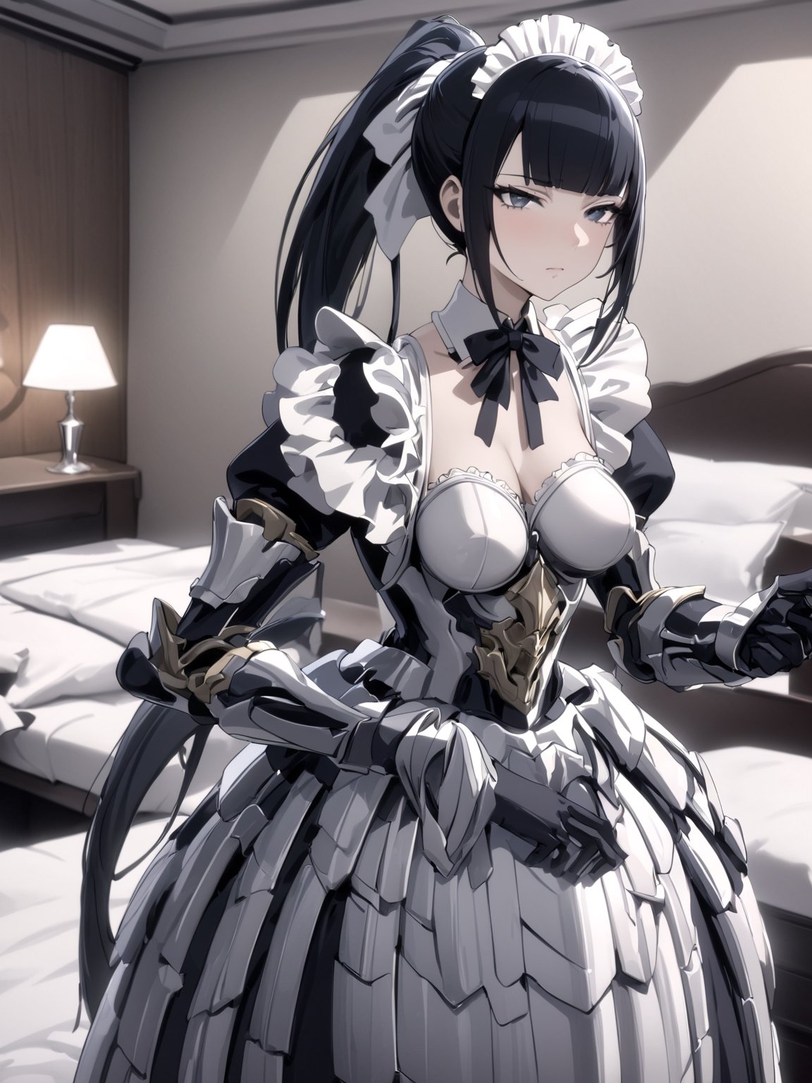 //Quality,
masterpiece, best quality, detailed
,//Character,
1girl, solo
,//Fashion,
,//Background,
hotel room
,//Others,
,narberal gamma \(overlord\), 1girl, long hair, black hair, glay eyes, bangs, ponytail, medium breats, ribbon, bow, maid, dress, armor, gloves, 