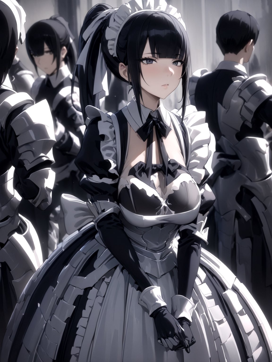 //Quality,
masterpiece, best quality, detailed
,//Character,
1girl, solo
,//Fashion,
,//Background,
,//Others,
,narberal gamma \(overlord\), 1girl, long hair, black hair, glay eyes, bangs, ponytail, medium breats, ribbon, bow, maid, dress, armor, gloves