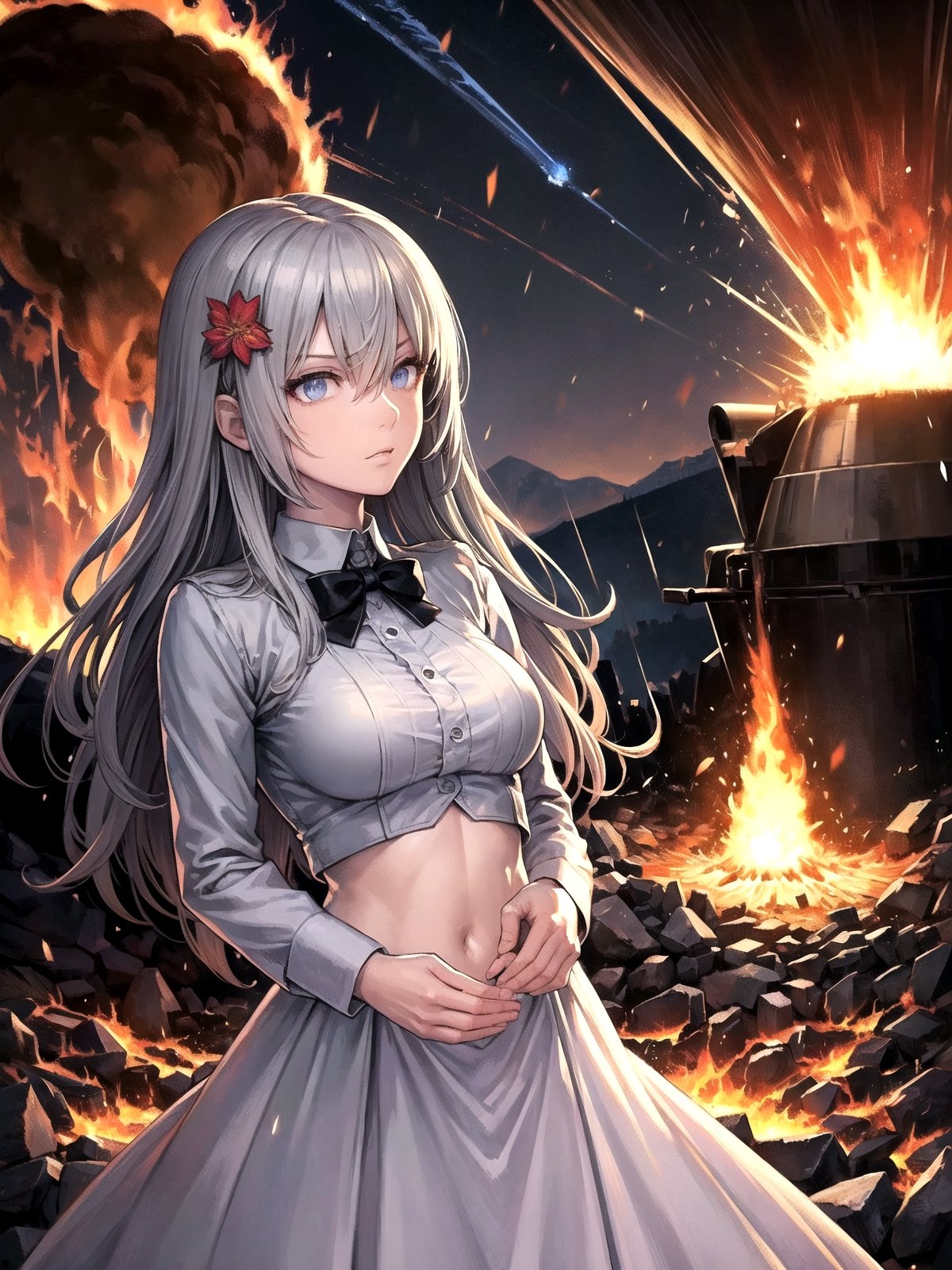 (((masterpiece))),best quality, illustration,(beautiful detailed girl),beautiful detailed glow,((flames of war)),(((nuclear explosion behide))),rain,detailed lighting,detailed water,(beautiful detailed eyes),expressionless,palace,azure hair,disheveled hair,long bangs,hairs between eyes,(whitegrey dress),black ribbon,white bowties,midriff,big forhead,blank stare,flower,long sleeves