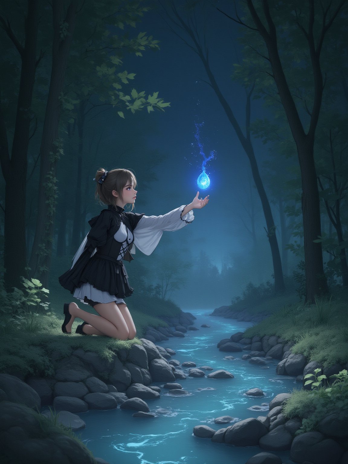 best quality, 8k, 8k UHD, ultra-high resolution, ultra-high definition, highres
,//Character, 
1girl, solo
,//Fashion, 
dress
,//Background, 
,//Others, ,Expressiveh,
The same girl kneeling by a sparkling stream in the forest. She's reaching out to touch a glowing, fairy-like creature hovering above the water. The creature emits a soft blue light. The girl's expression is one of wonder and curiosity. ,2bEimi